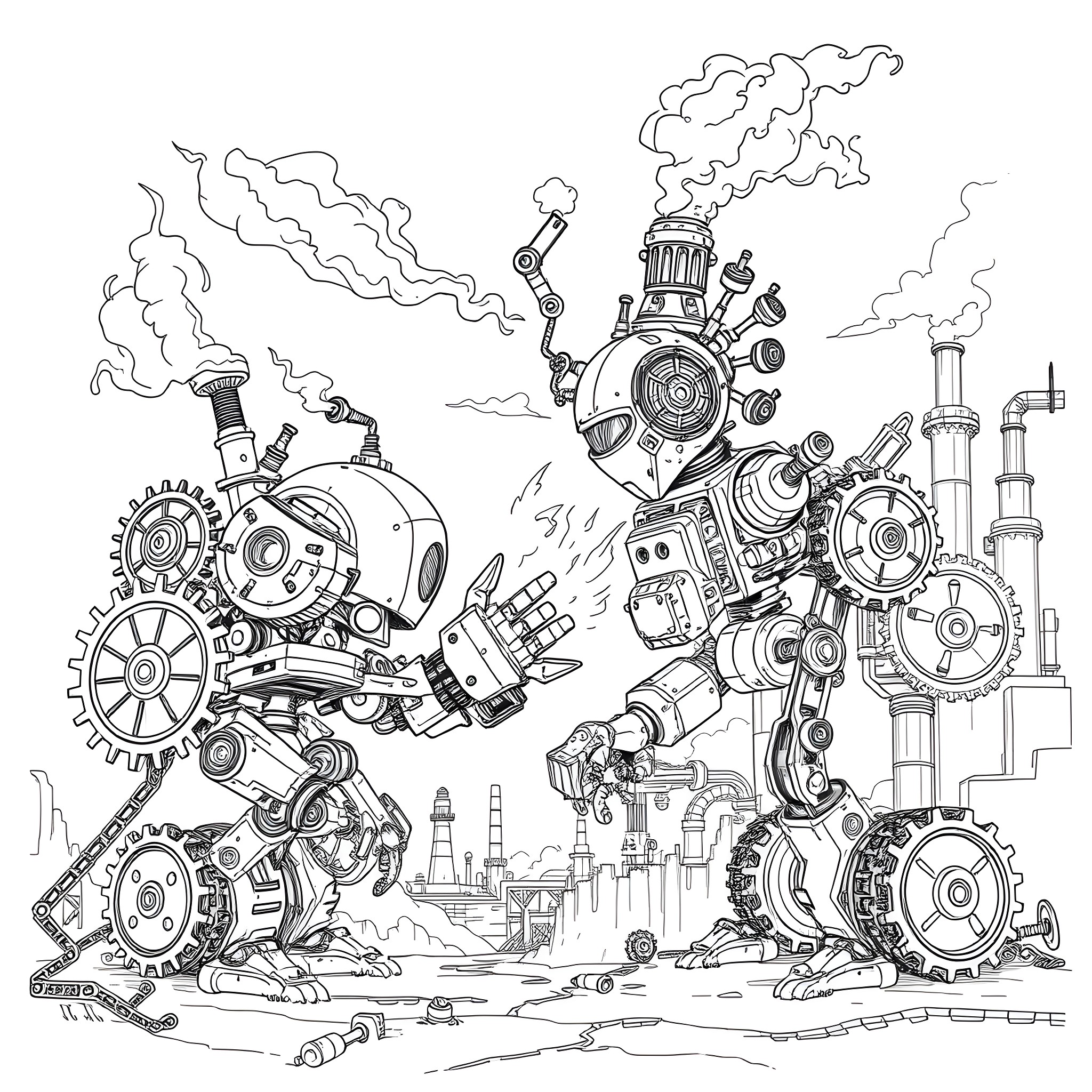 Robot Warriors Engaged in Mechanical Combat Coloring Page (free black-and-white line drawing printable PDF for all, from beginners to advanced learners, including children, teens, adults, and seniors)