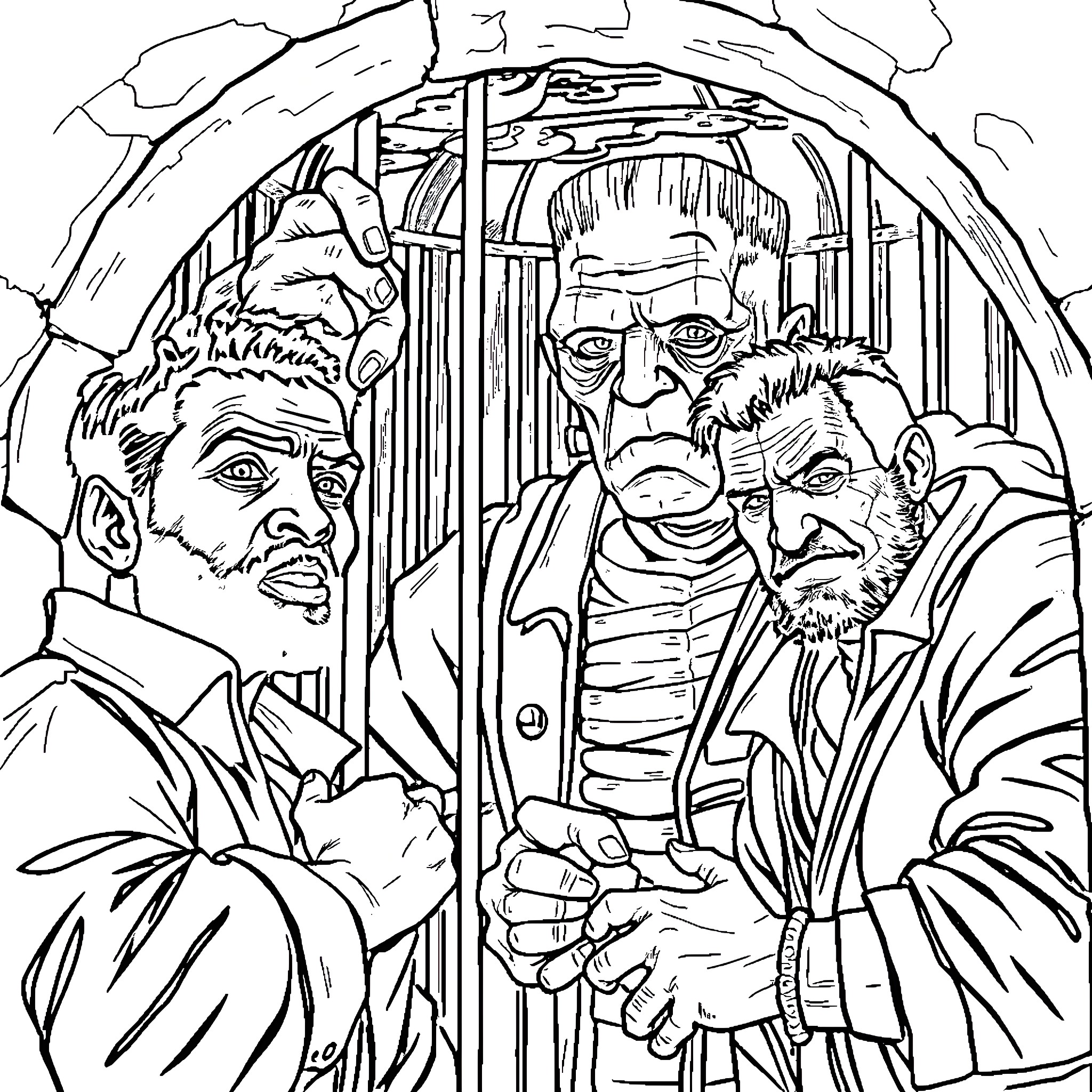 Character Interaction in a Mysterious Setting Coloring Page (free black-and-white line drawing printable PDF for all, from beginners to advanced learners, including children, teens, adults, and seniors)