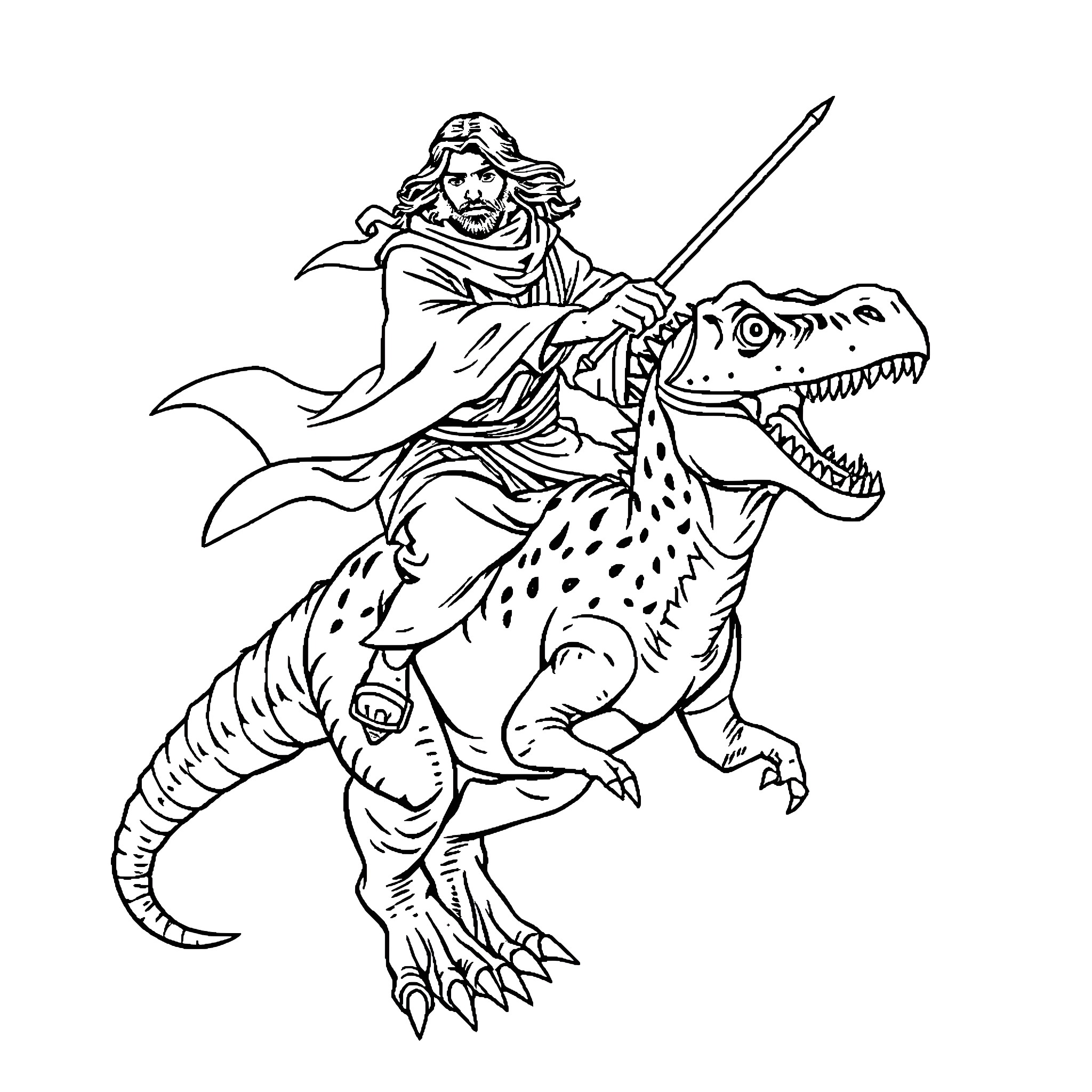 Ninja Jesus riding a fierce dinosaur Coloring Page (free black-and-white line drawing printable PDF for all, from beginners to advanced learners, including children, teens, adults, and seniors)