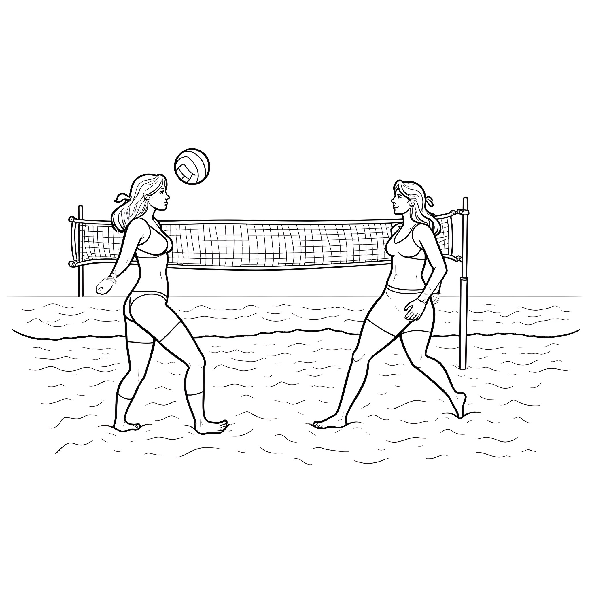 Women playing beach volleyball in swimsuits Coloring Page (free black-and-white line drawing printable PDF for all, from beginners to advanced learners, including children, teens, adults, and seniors)