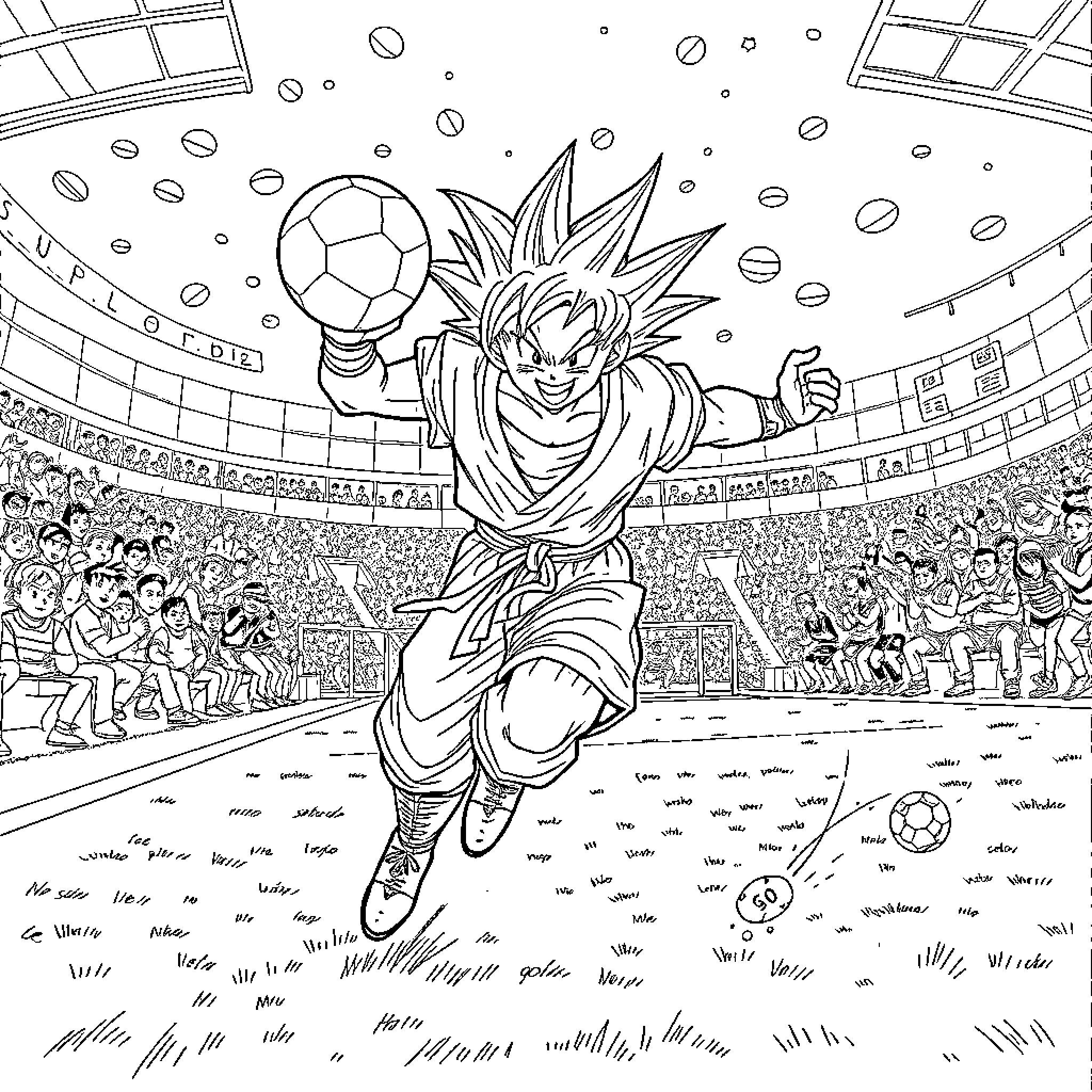 Goku playing soccer in an intense match Coloring Page (free black-and-white line drawing printable PDF for all, from beginners to advanced learners, including children, teens, adults, and seniors)