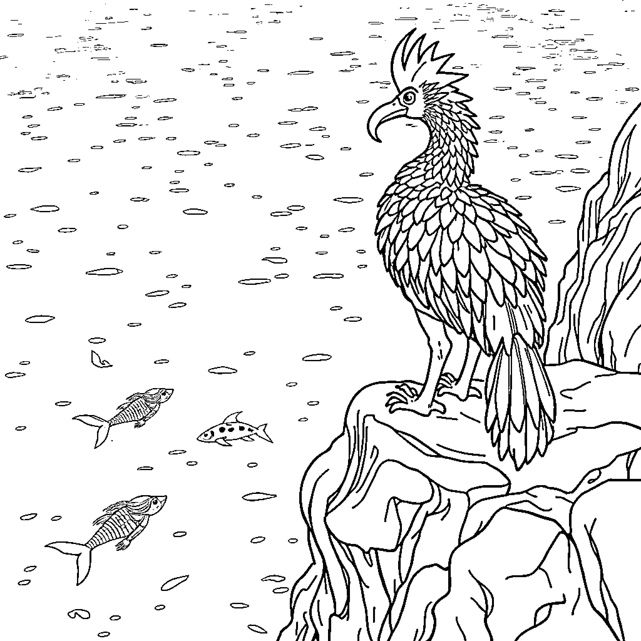 Chocobo perched on cliff overlooking underwater scene Coloring Page (free black-and-white line drawing printable PDF for all, from beginners to advanced learners, including children, teens, adults, and seniors)