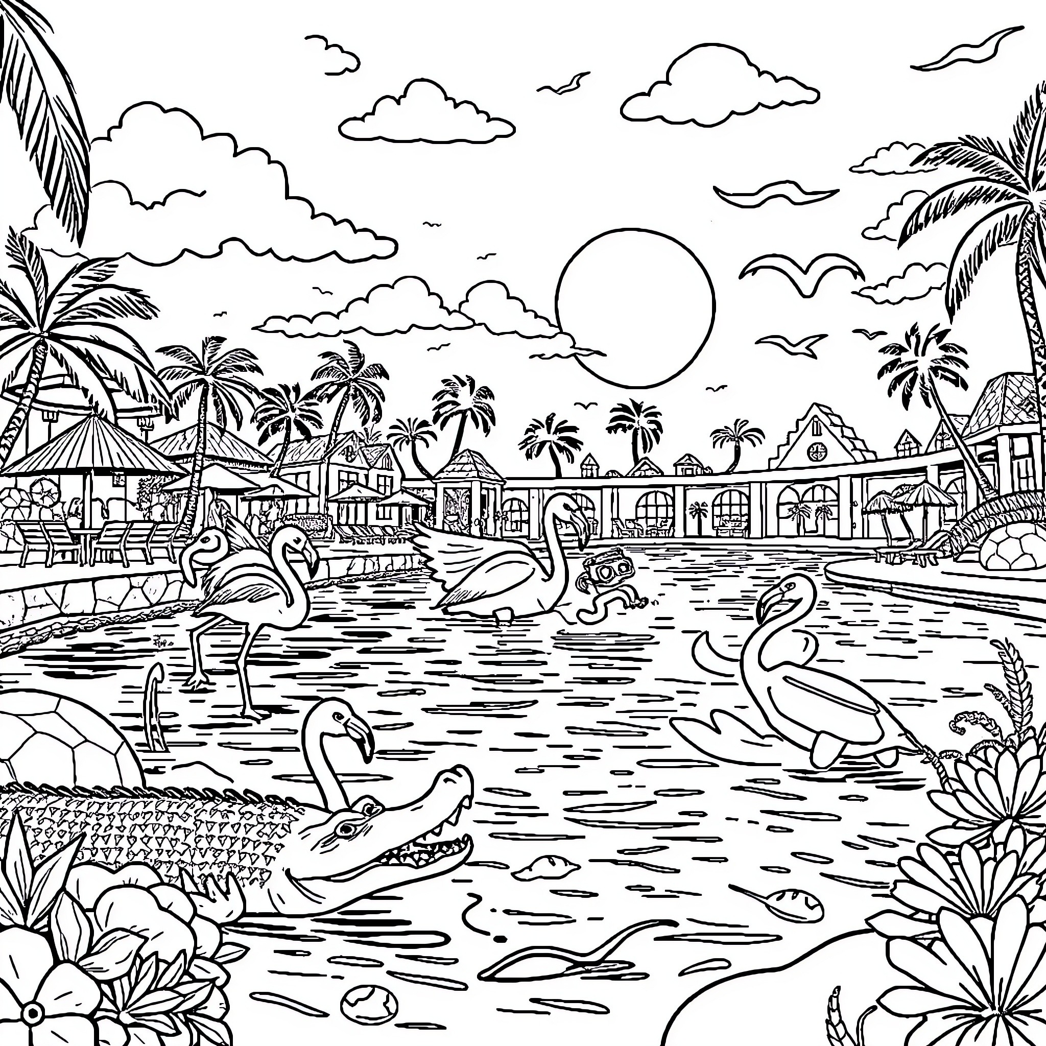 Flamingos Gathering in Tropical Lagoon Coloring Page (free black-and-white line drawing printable PDF for all, from beginners to advanced learners, including children, teens, adults, and seniors)