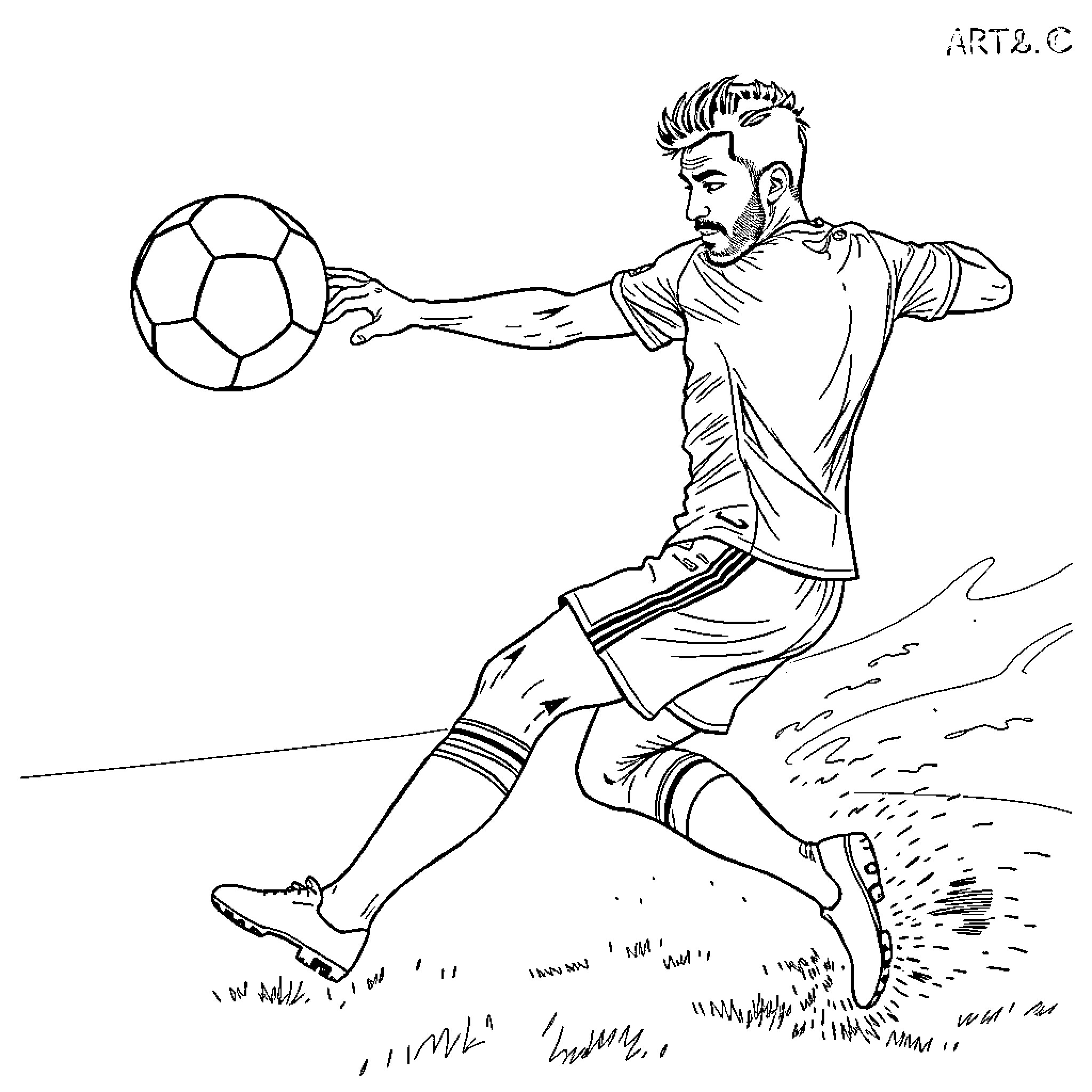 Lamine Yamal kicking a soccer ball on the field Coloring Page (free black-and-white line drawing printable PDF for all, from beginners to advanced learners, including children, teens, adults, and seniors)