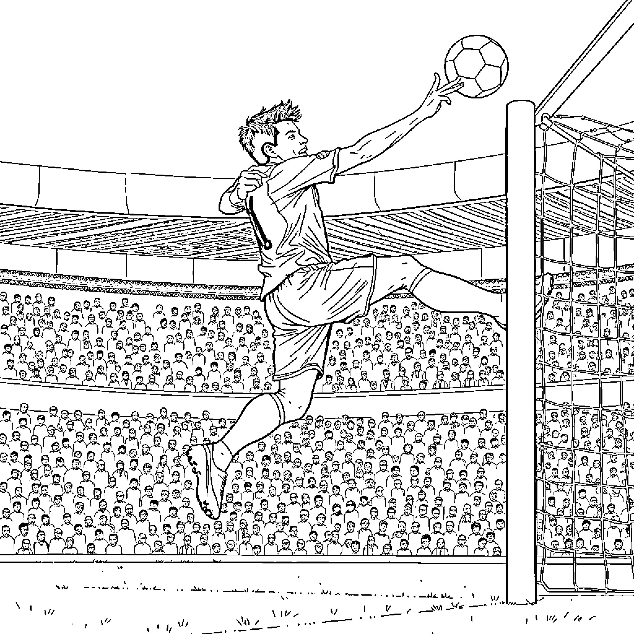 Harry Maguire Scoring a Goal at the Stadium Coloring Page (free black-and-white line drawing printable PDF for all, from beginners to advanced learners, including children, teens, adults, and seniors)