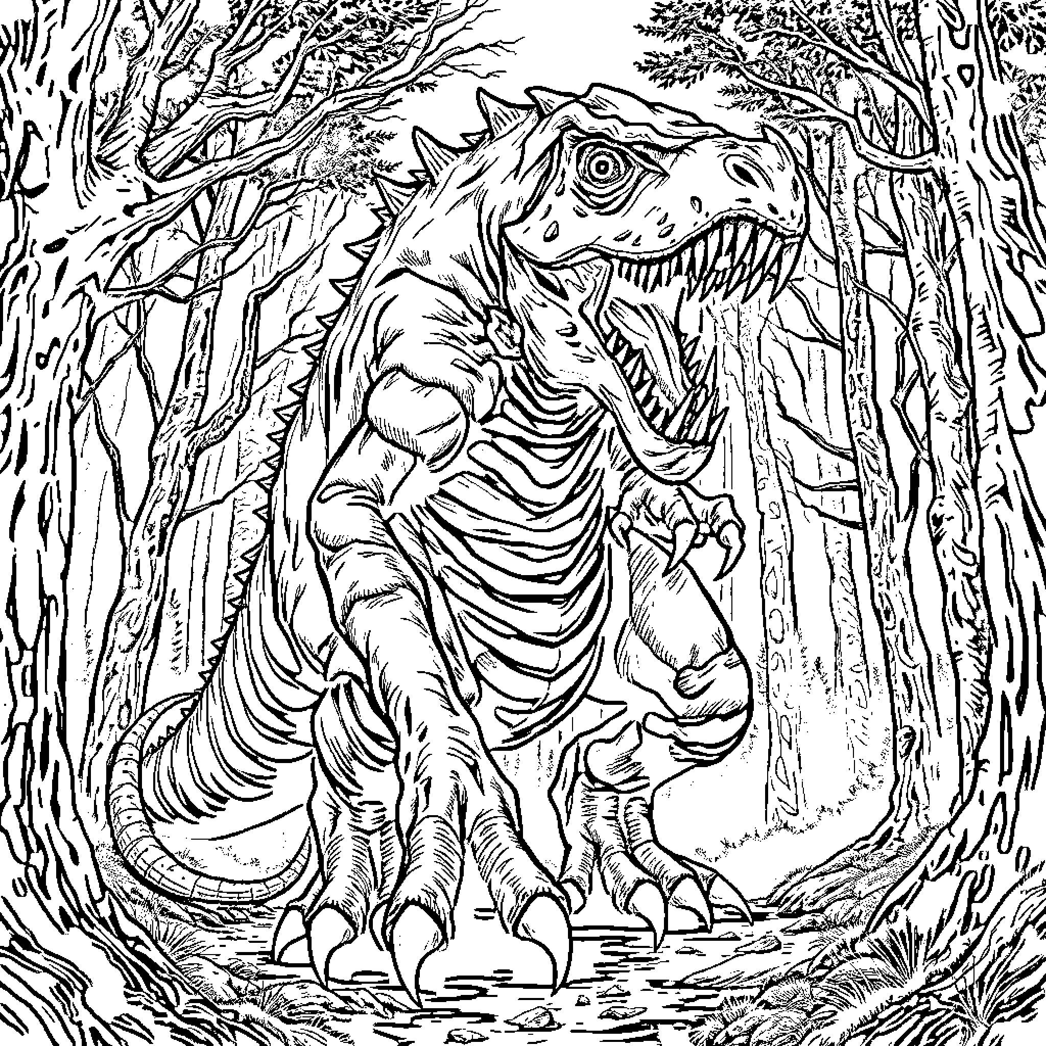 Distortus Rex: Fearsome Prehistoric Predator in the Wild Coloring Page (free black-and-white line drawing printable PDF for all, from beginners to advanced learners, including children, teens, adults, and seniors)