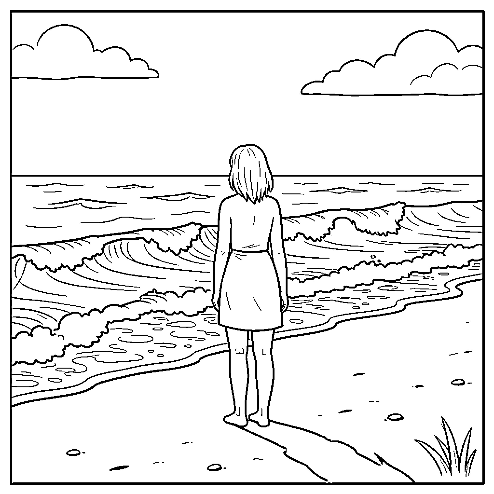 Wallis standing peacefully on the beach watching ocean waves Coloring Page (free black-and-white line drawing printable PDF for all, from beginners to advanced learners, including children, teens, adults, and seniors)