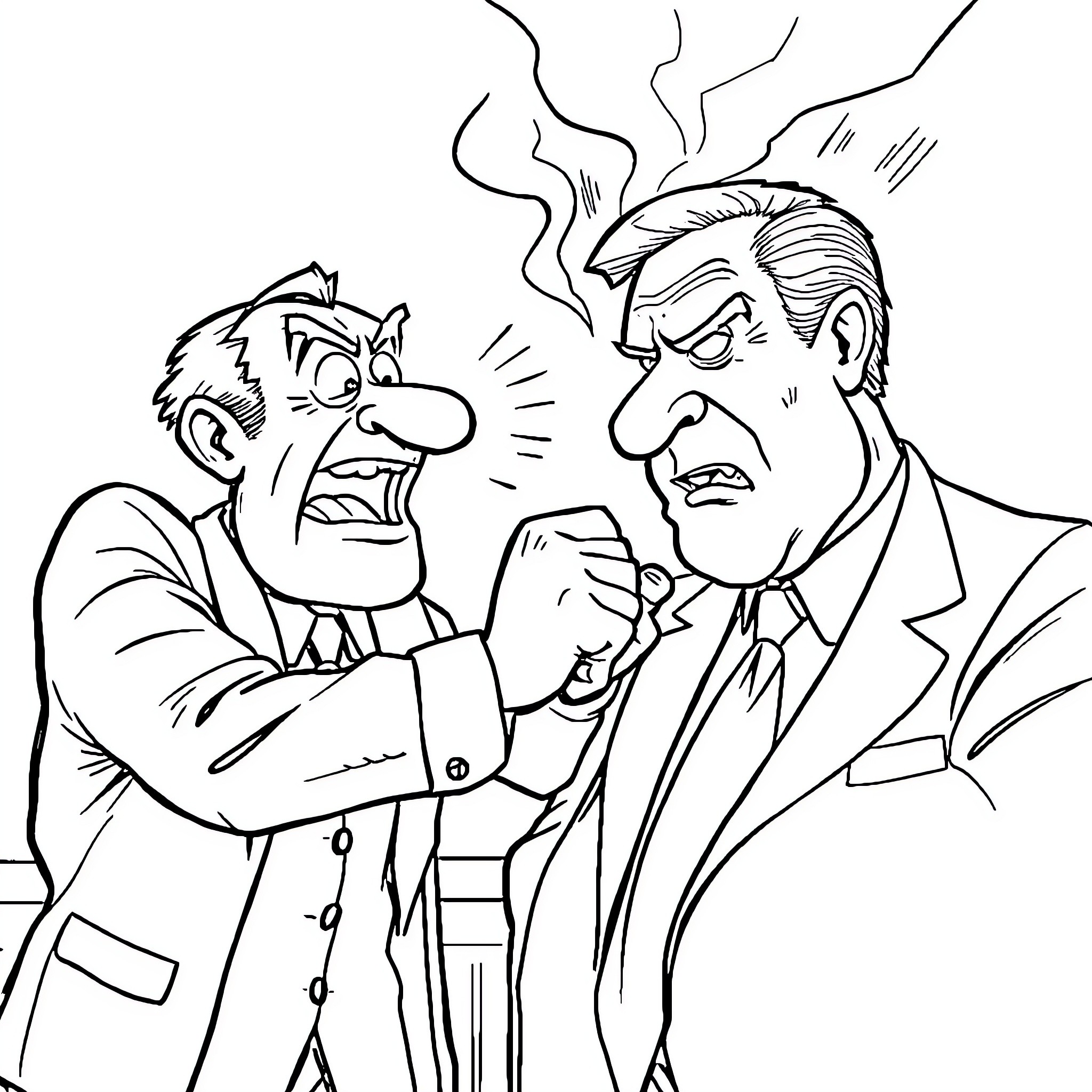 Mr Mpoutias' Heated Confrontation with Angry Businessman Coloring Page (free black-and-white line drawing printable PDF for all, from beginners to advanced learners, including children, teens, adults, and seniors)