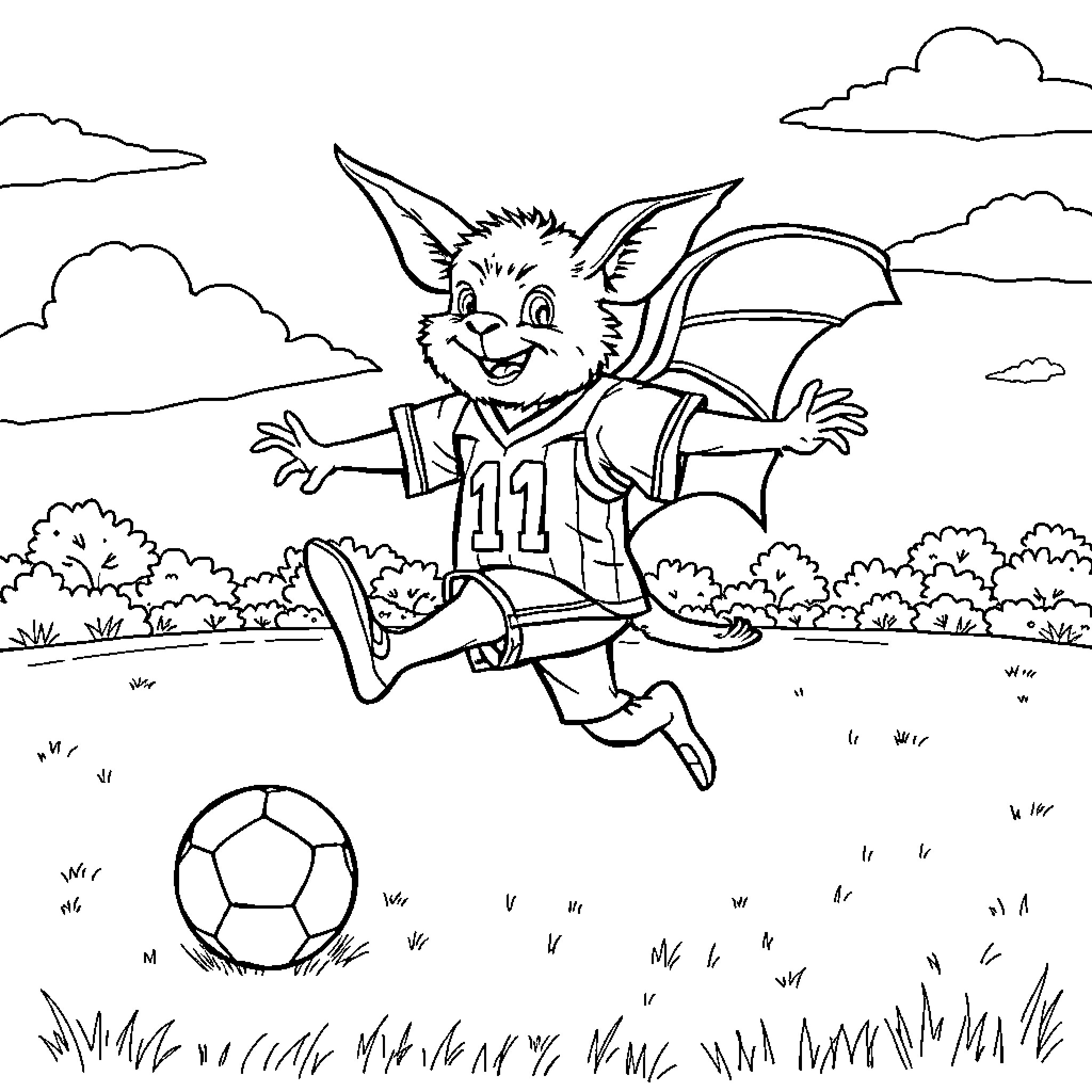 Bat playing football happily in the park Coloring Page (free black-and-white line drawing printable PDF for all, from beginners to advanced learners, including children, teens, adults, and seniors)