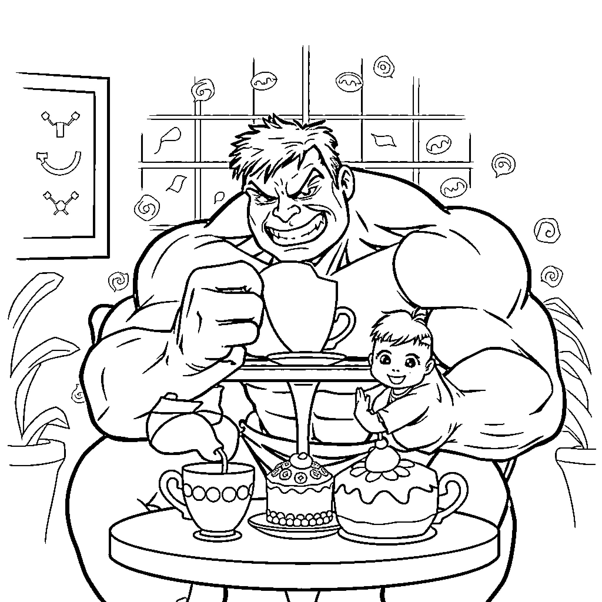 Hulk Enjoys a Cozy Tea Time with Child Coloring Page (free black-and-white line drawing printable PDF for all, from beginners to advanced learners, including children, teens, adults, and seniors)