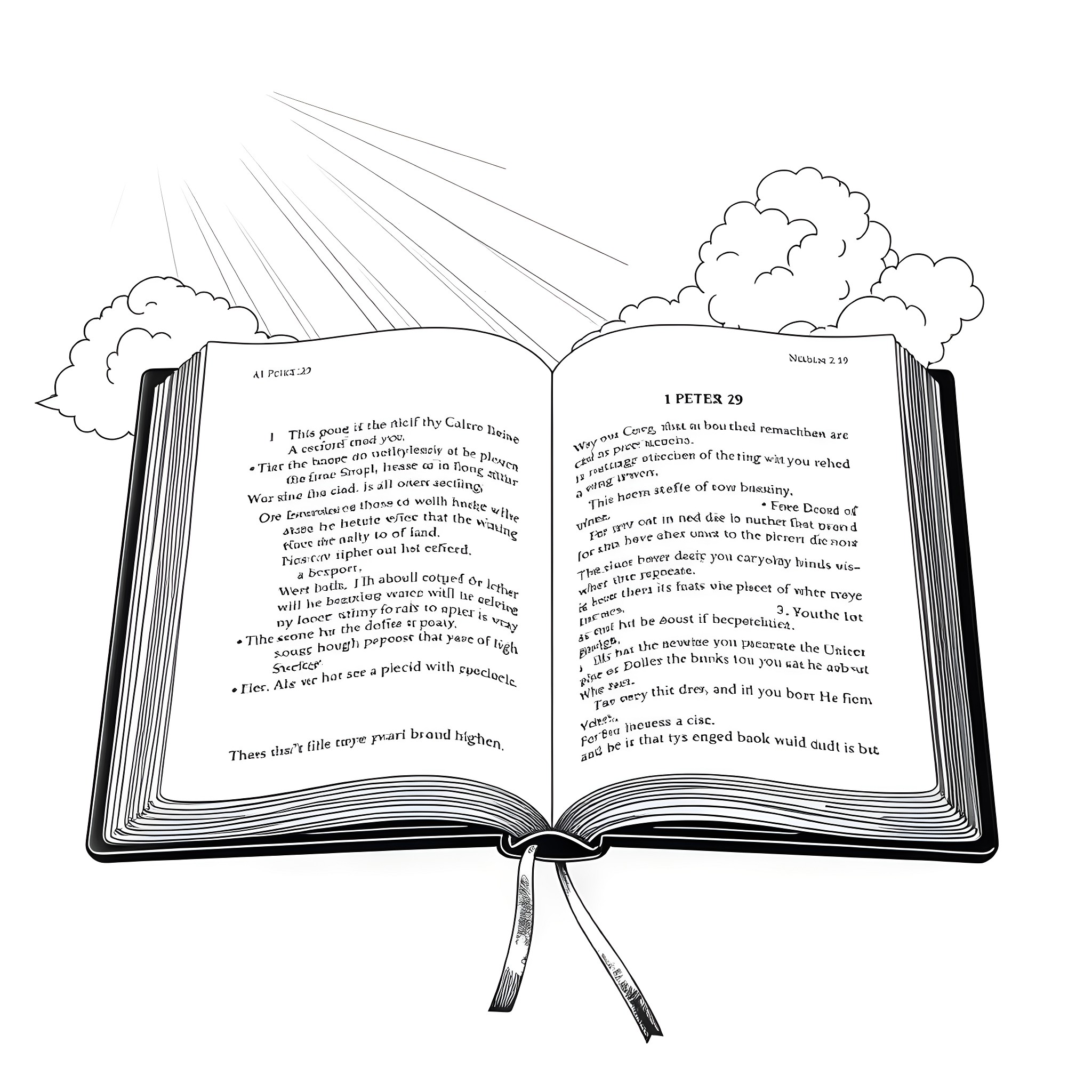 Bible Verse Depicting an Open Book with Rays of Light Coloring Page (free black-and-white line drawing printable PDF for all, from beginners to advanced learners, including children, teens, adults, and seniors)