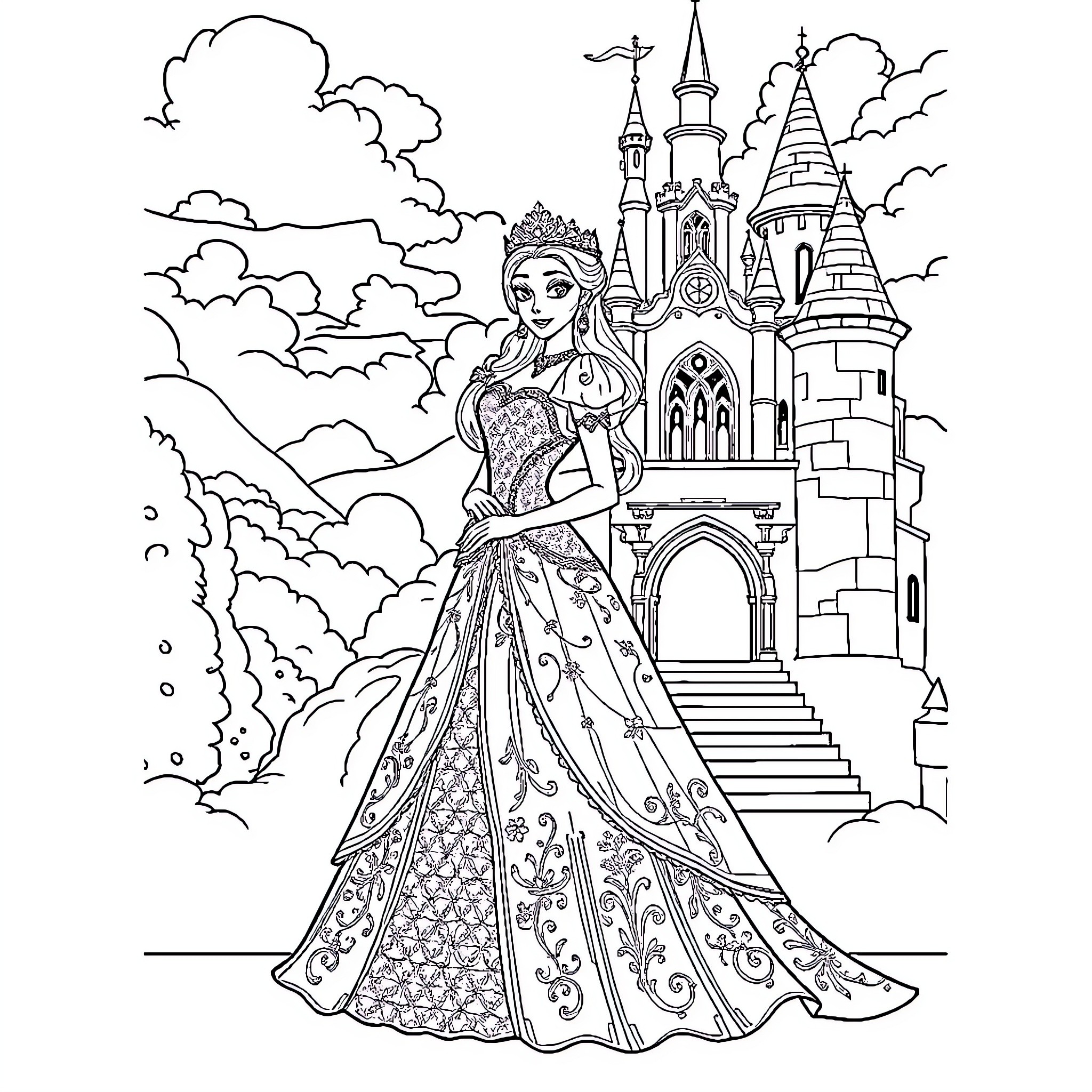 Princess in Ornate Gown Standing Before Castle Coloring Page (free black-and-white line drawing printable PDF for all, from beginners to advanced learners, including children, teens, adults, and seniors)