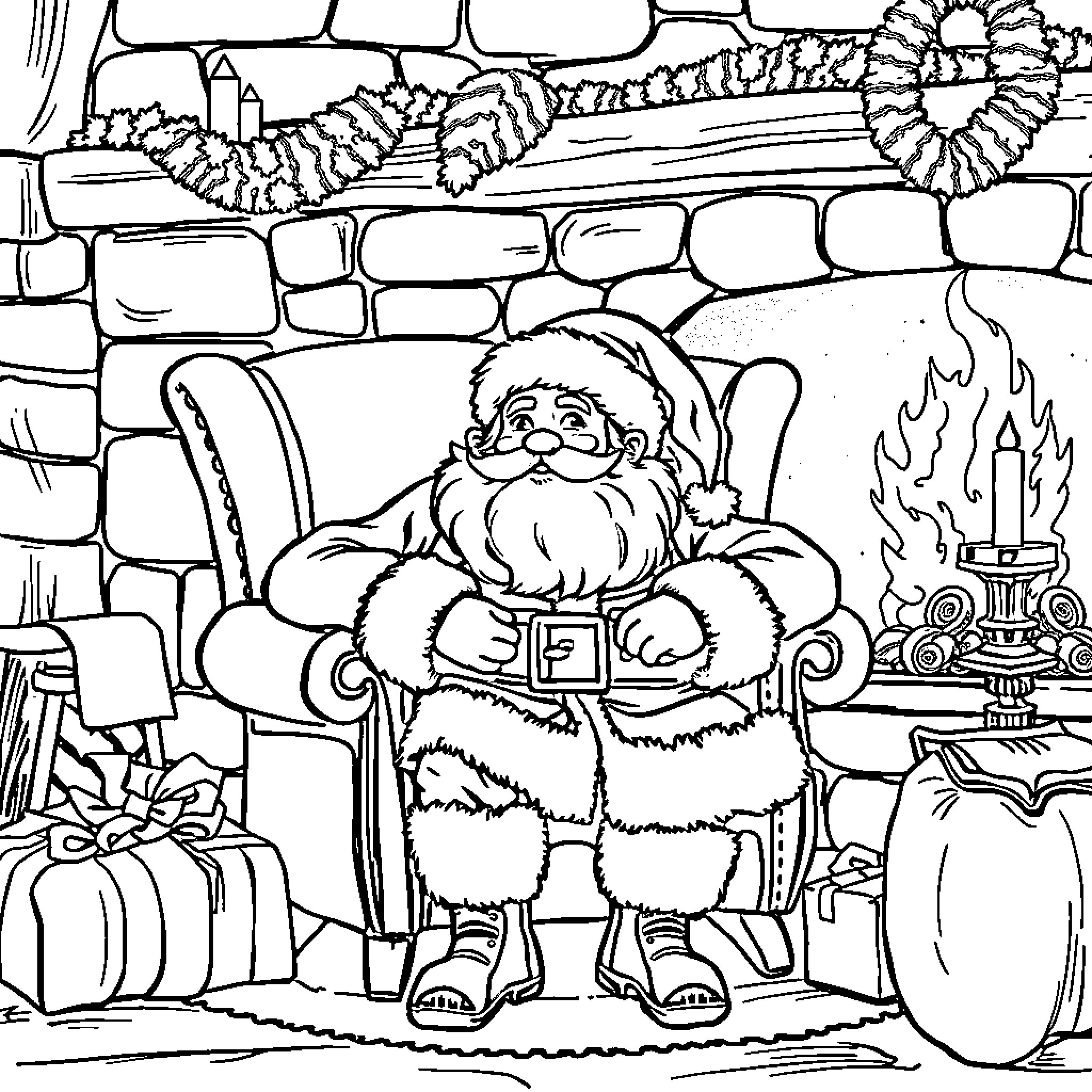 Santa relaxing by the fireplace Coloring Page (free black-and-white line drawing printable PDF for all, from beginners to advanced learners, including children, teens, adults, and seniors)