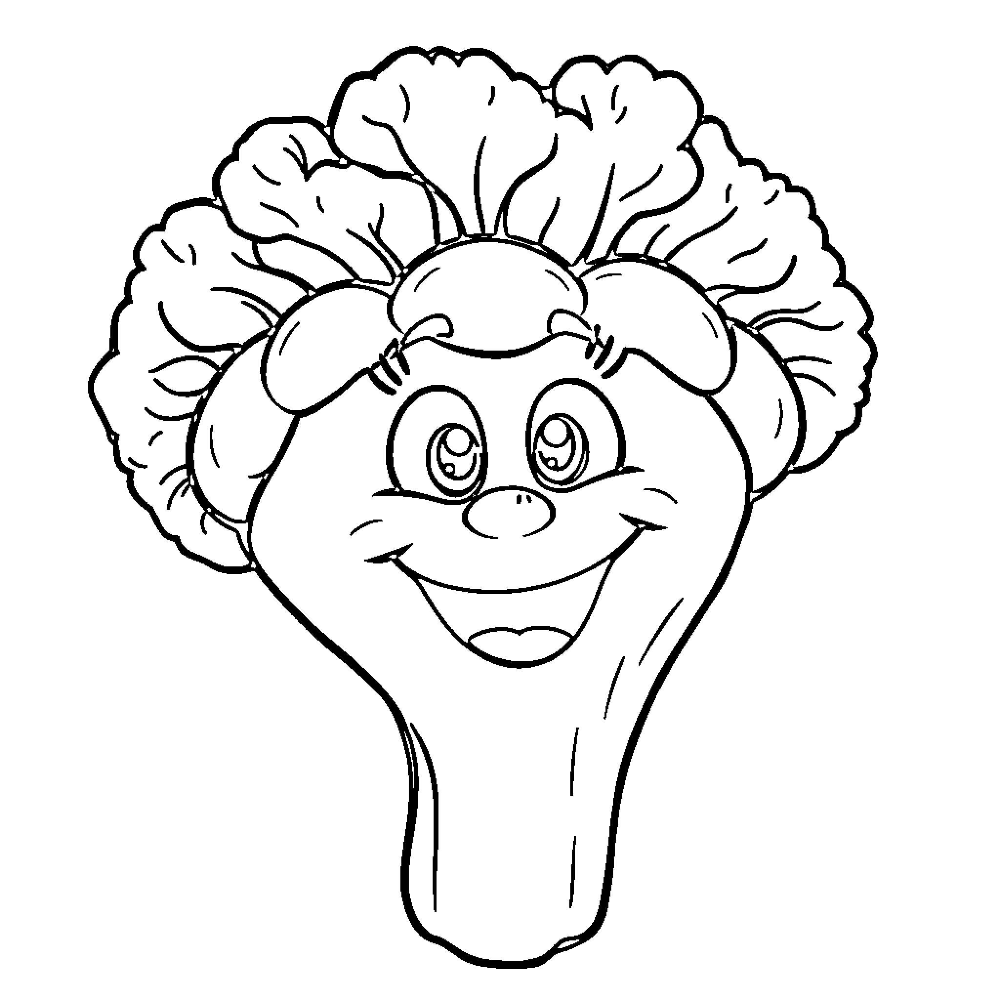Broccoli character with a happy expression Coloring Page (free black-and-white line drawing printable PDF for all, from beginners to advanced learners, including children, teens, adults, and seniors)