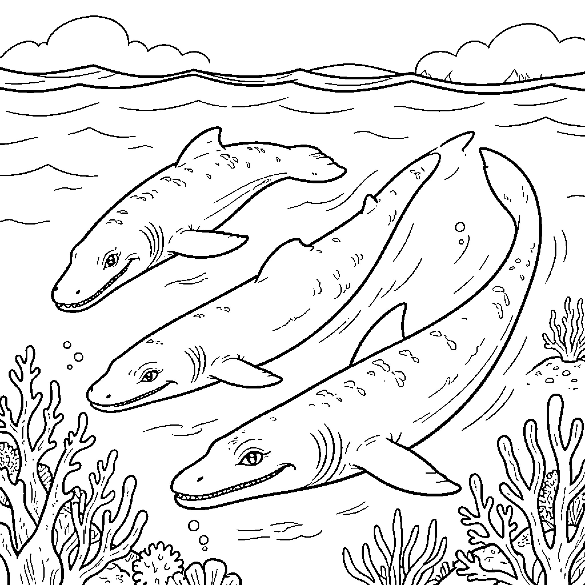 Ichthyosaur swimming gracefully through a coral reef Coloring Page (free black-and-white line drawing printable PDF for all, from beginners to advanced learners, including children, teens, adults, and seniors)