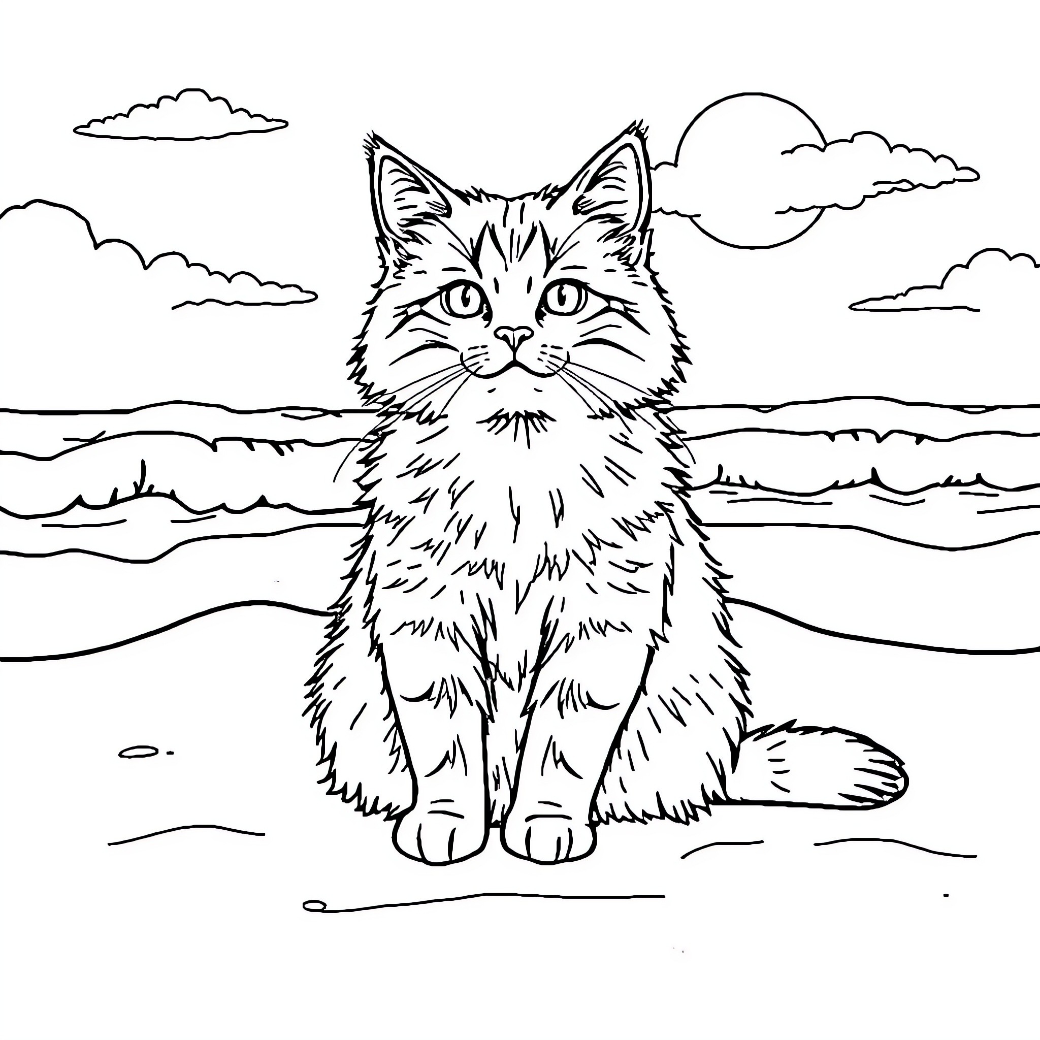 Cat enjoying scenic ocean view Coloring Page (free black-and-white line drawing printable PDF for all, from beginners to advanced learners, including children, teens, adults, and seniors)