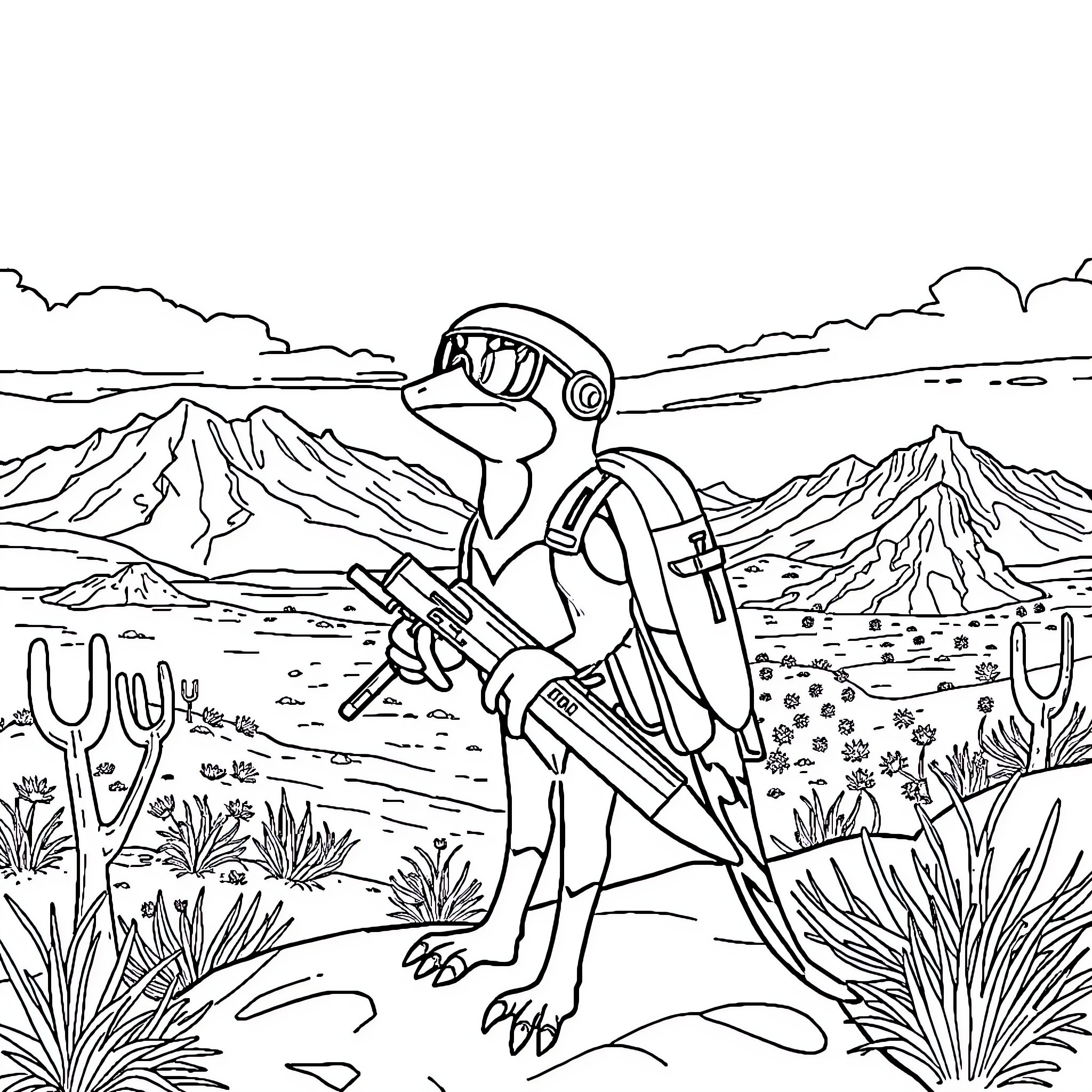Paw Patrol puppy exploring the desert landscape Coloring Page (free black-and-white line drawing printable PDF for all, from beginners to advanced learners, including children, teens, adults, and seniors)