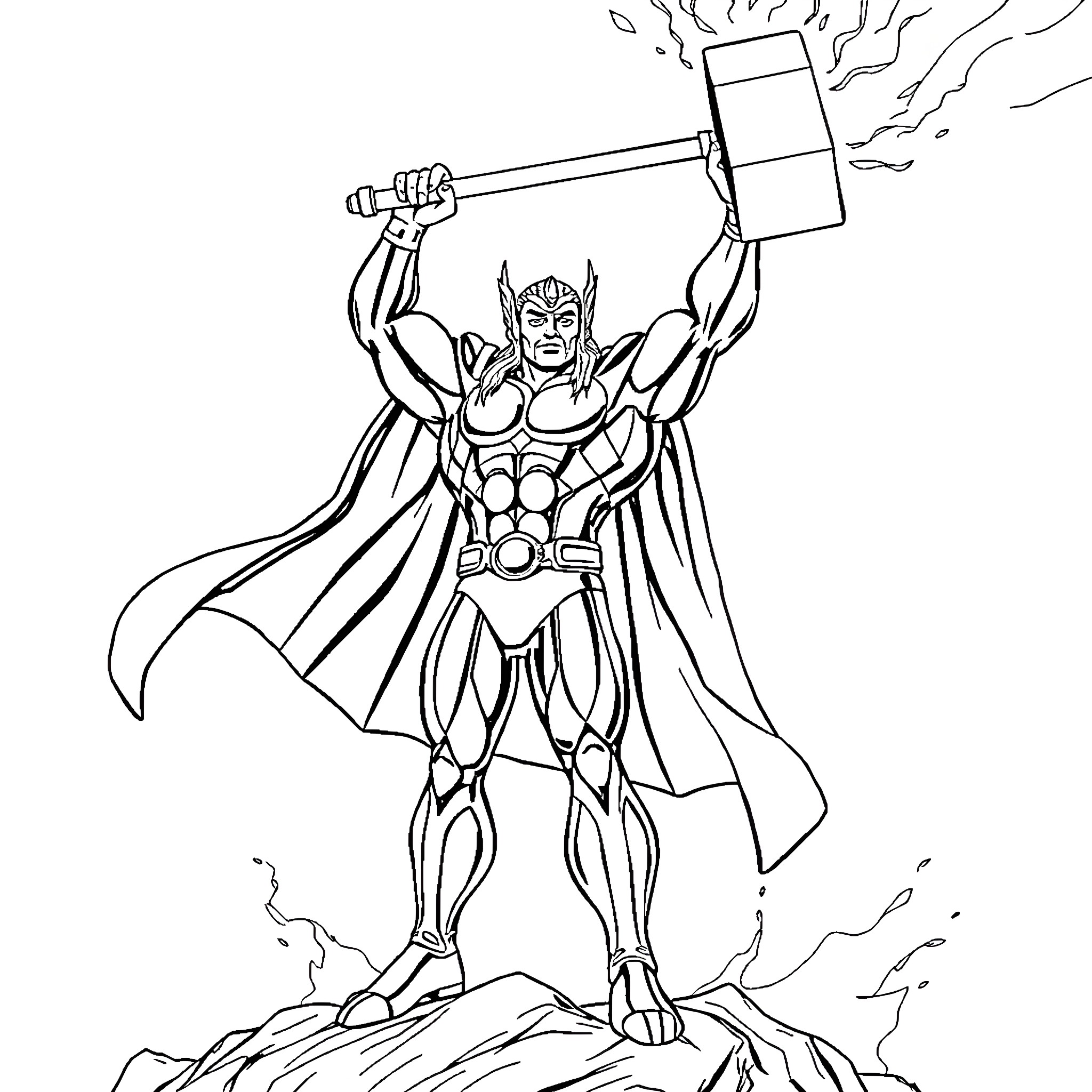 Silver Surfer wielding mighty hammer in heroic pose Coloring Page (free black-and-white line drawing printable PDF for all, from beginners to advanced learners, including children, teens, adults, and seniors)