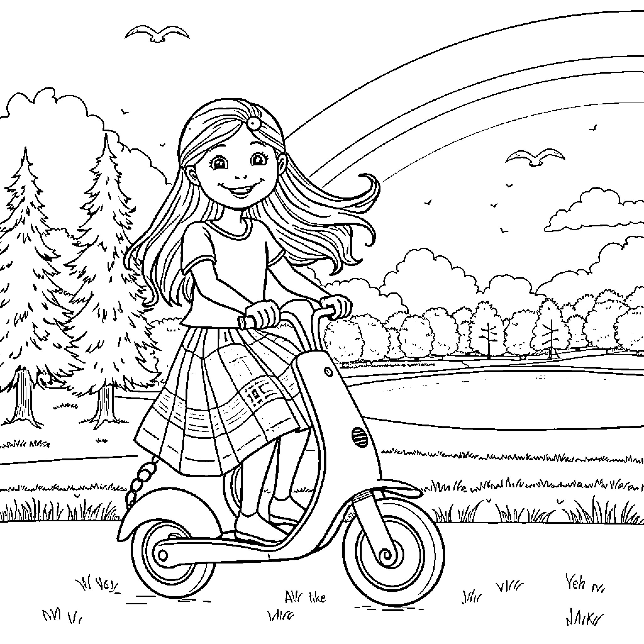 Girl riding scooter in nature scenery Coloring Page (free black-and-white line drawing printable PDF for all, from beginners to advanced learners, including children, teens, adults, and seniors)