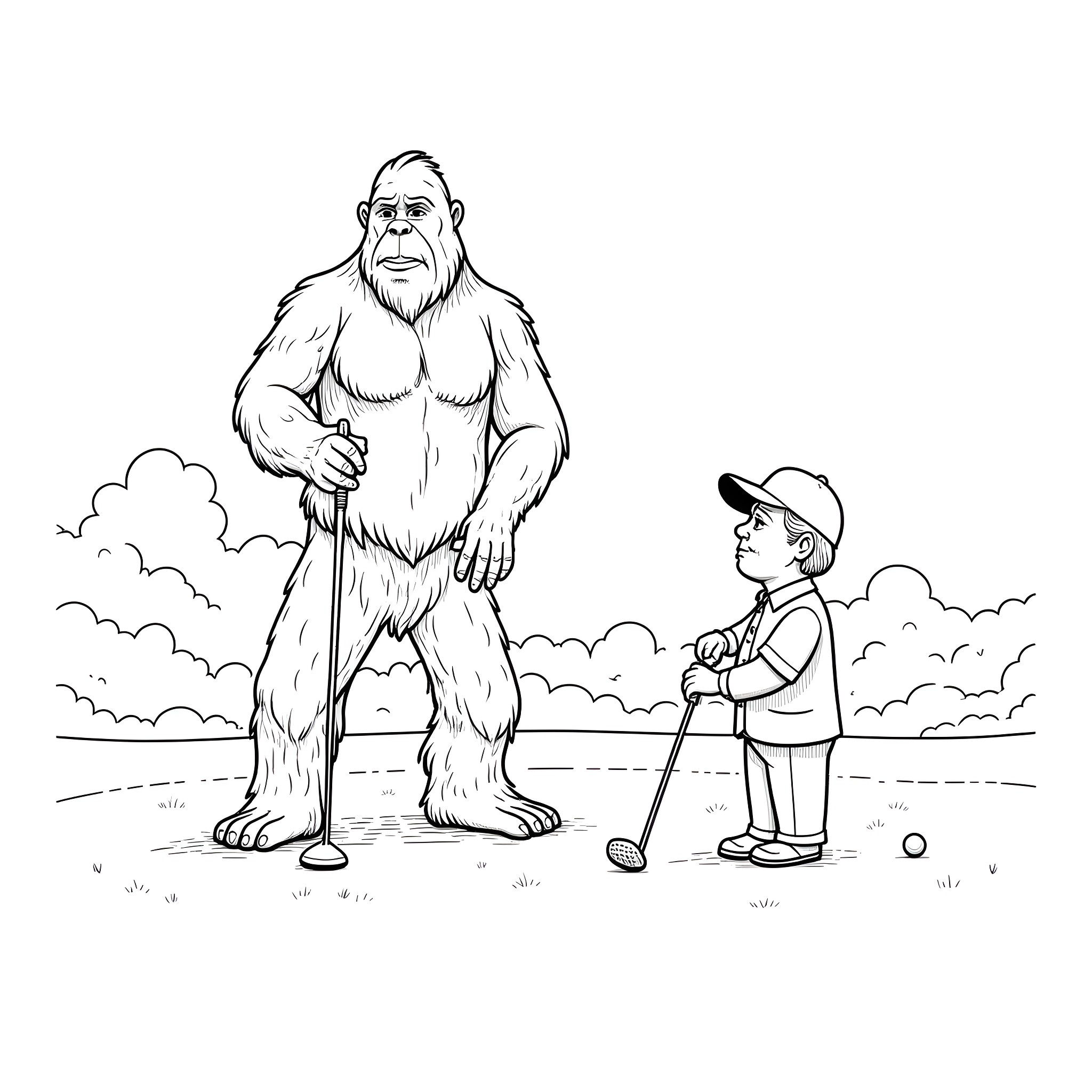 Bigfoot encountered by a curious boy in the wilderness Coloring Page (free black-and-white line drawing printable PDF for all, from beginners to advanced learners, including children, teens, adults, and seniors)