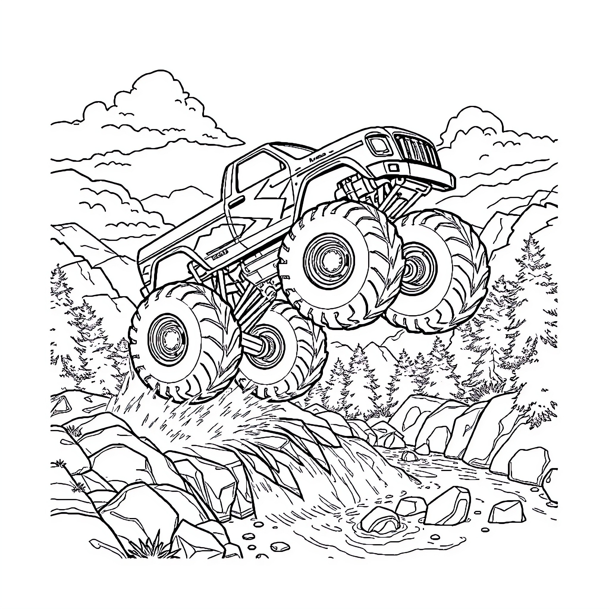 Monster Truck Navigating Rugged Terrain Coloring Page (free black-and-white line drawing printable PDF for all, from beginners to advanced learners, including children, teens, adults, and seniors)