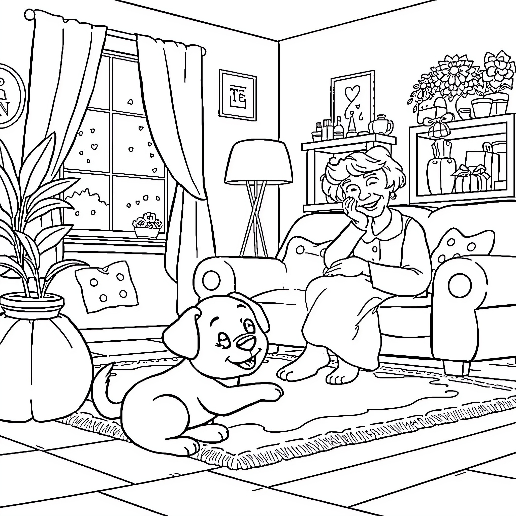 Granny's cozy afternoon with her pet Coloring Page (free black-and-white line drawing printable PDF for all, from beginners to advanced learners, including children, teens, adults, and seniors)
