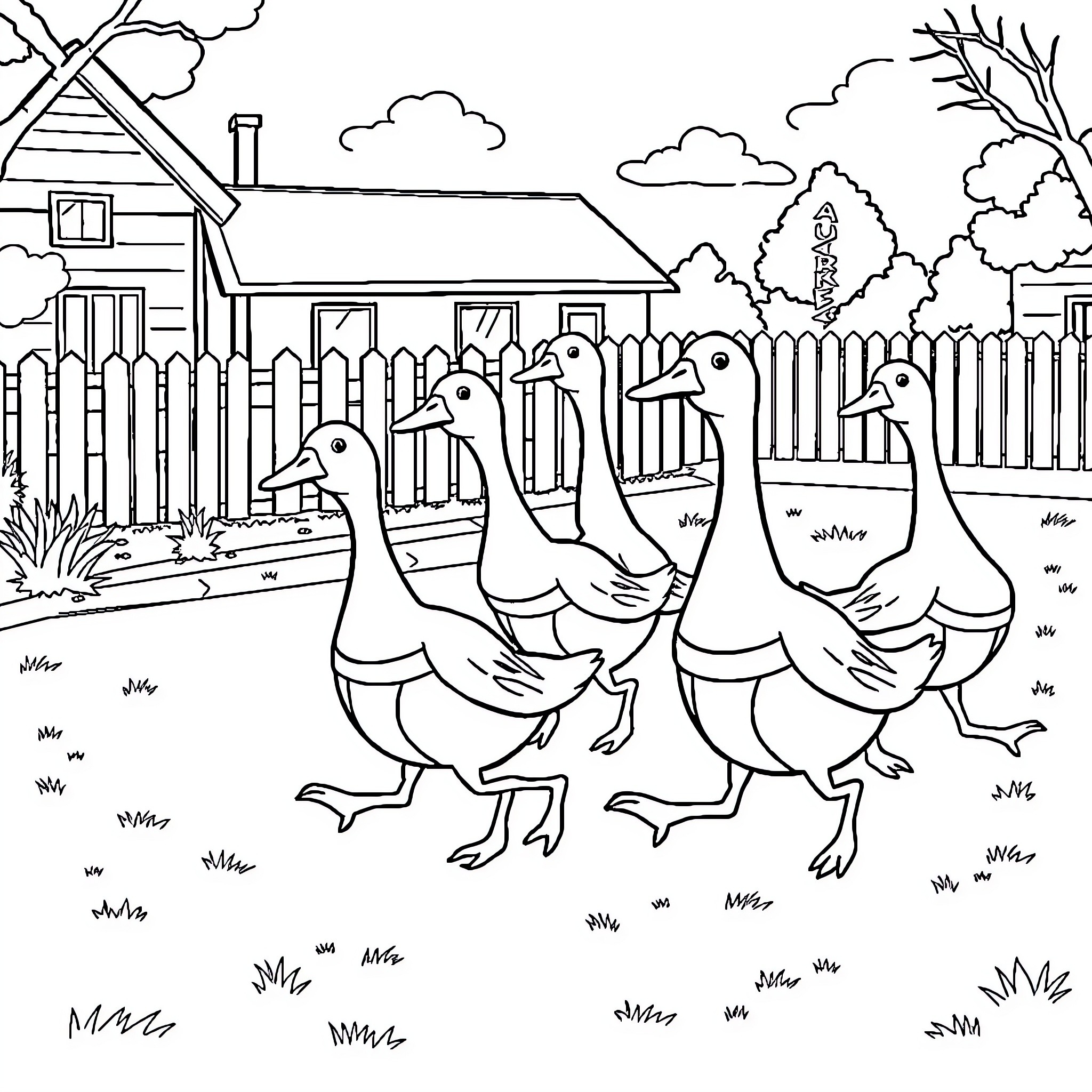 Goose family strolling peacefully in the farmyard Coloring Page (free black-and-white line drawing printable PDF for all, from beginners to advanced learners, including children, teens, adults, and seniors)
