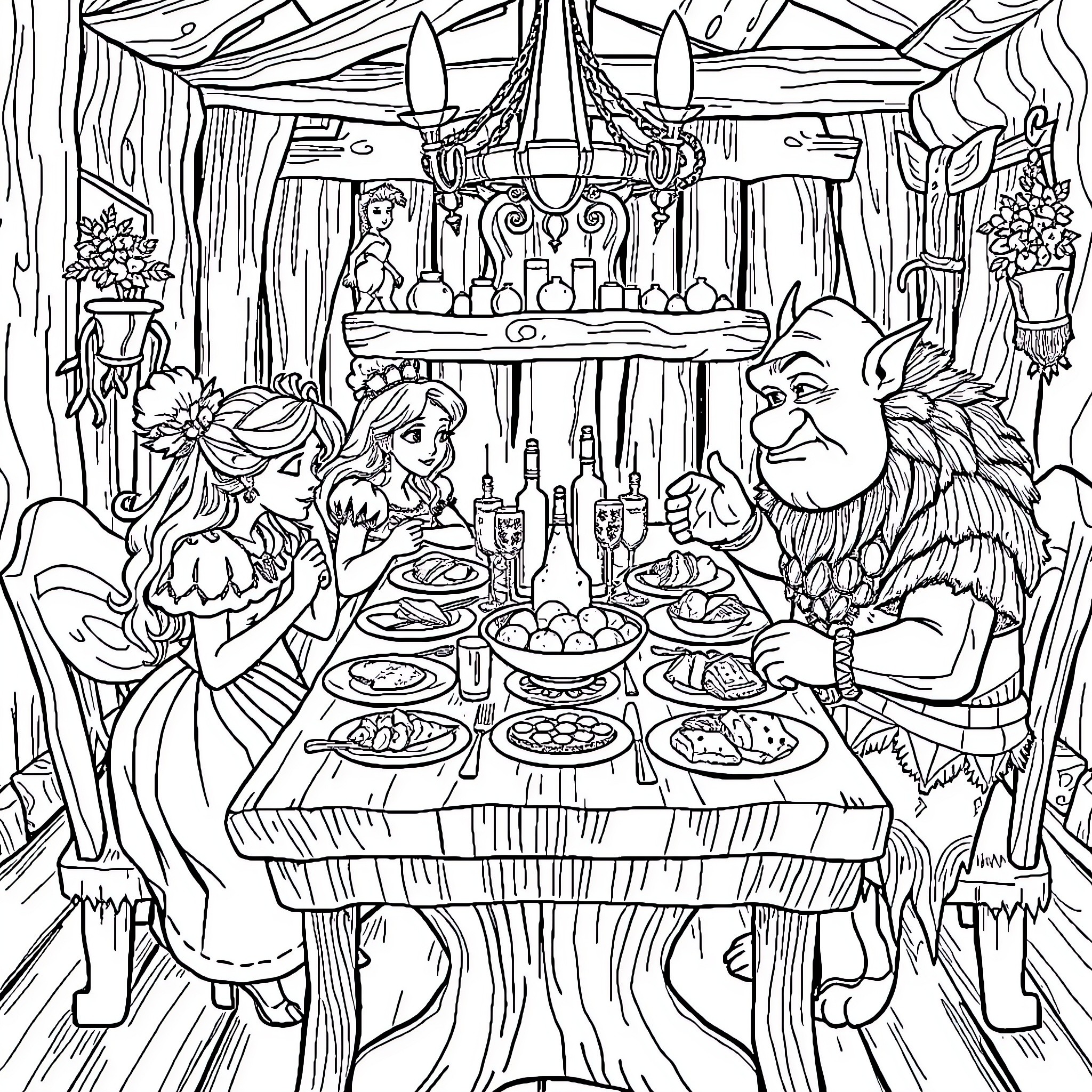 Fairy Tale Characters Enjoying a Festive Feast Coloring Page (free black-and-white line drawing printable PDF for all, from beginners to advanced learners, including children, teens, adults, and seniors)
