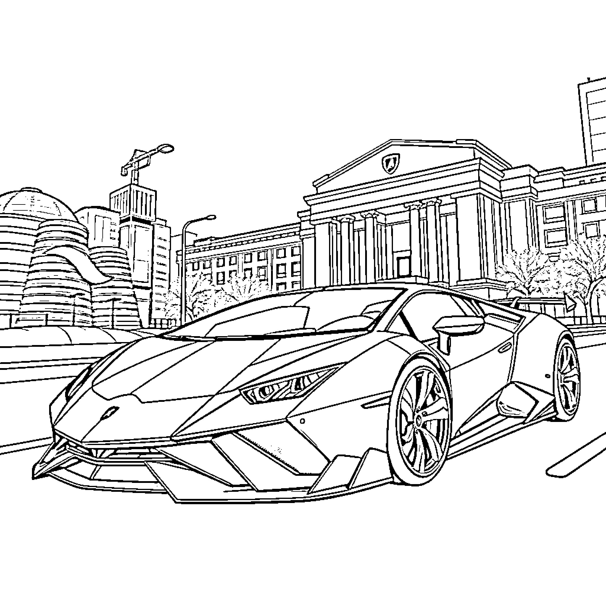 Lamborghini supercar in urban city setting Coloring Page (free black-and-white line drawing printable PDF for all, from beginners to advanced learners, including children, teens, adults, and seniors)