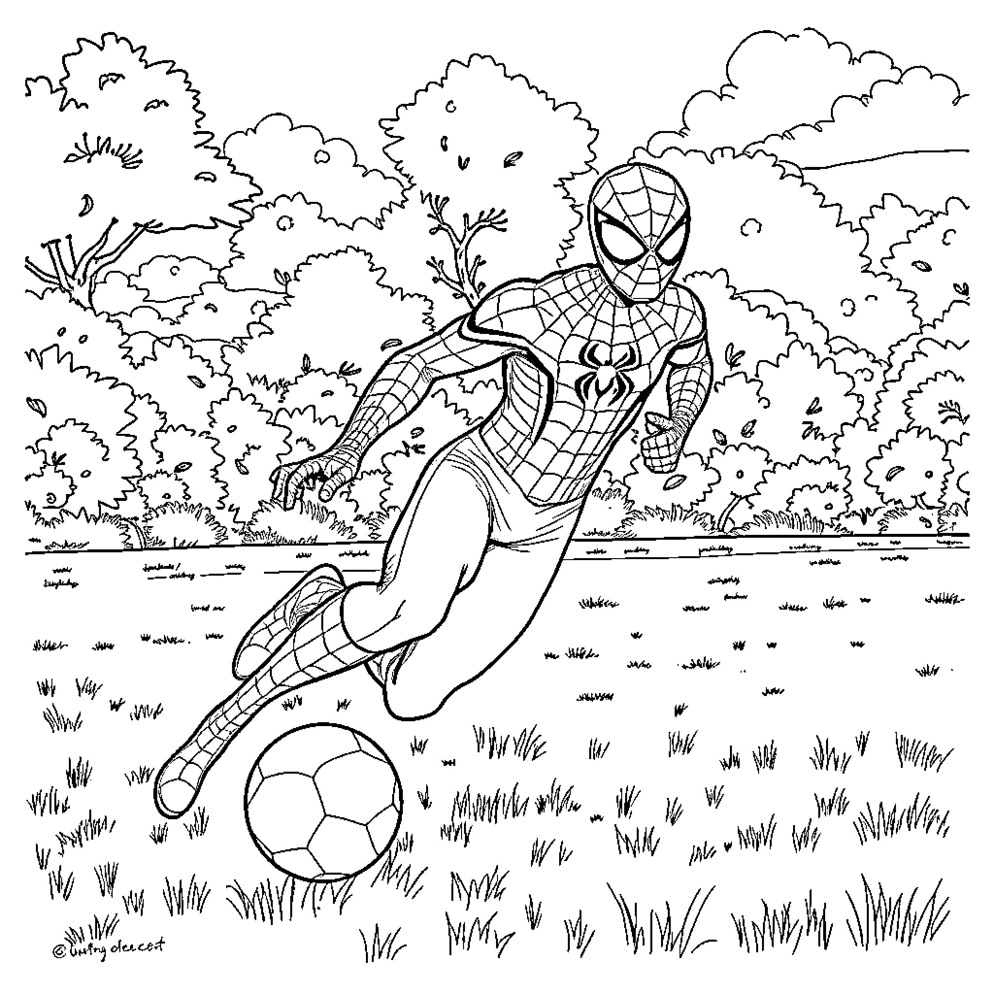 Spiderman playing soccer in the park Coloring Page (free black-and-white line drawing printable PDF for all, from beginners to advanced learners, including children, teens, adults, and seniors)