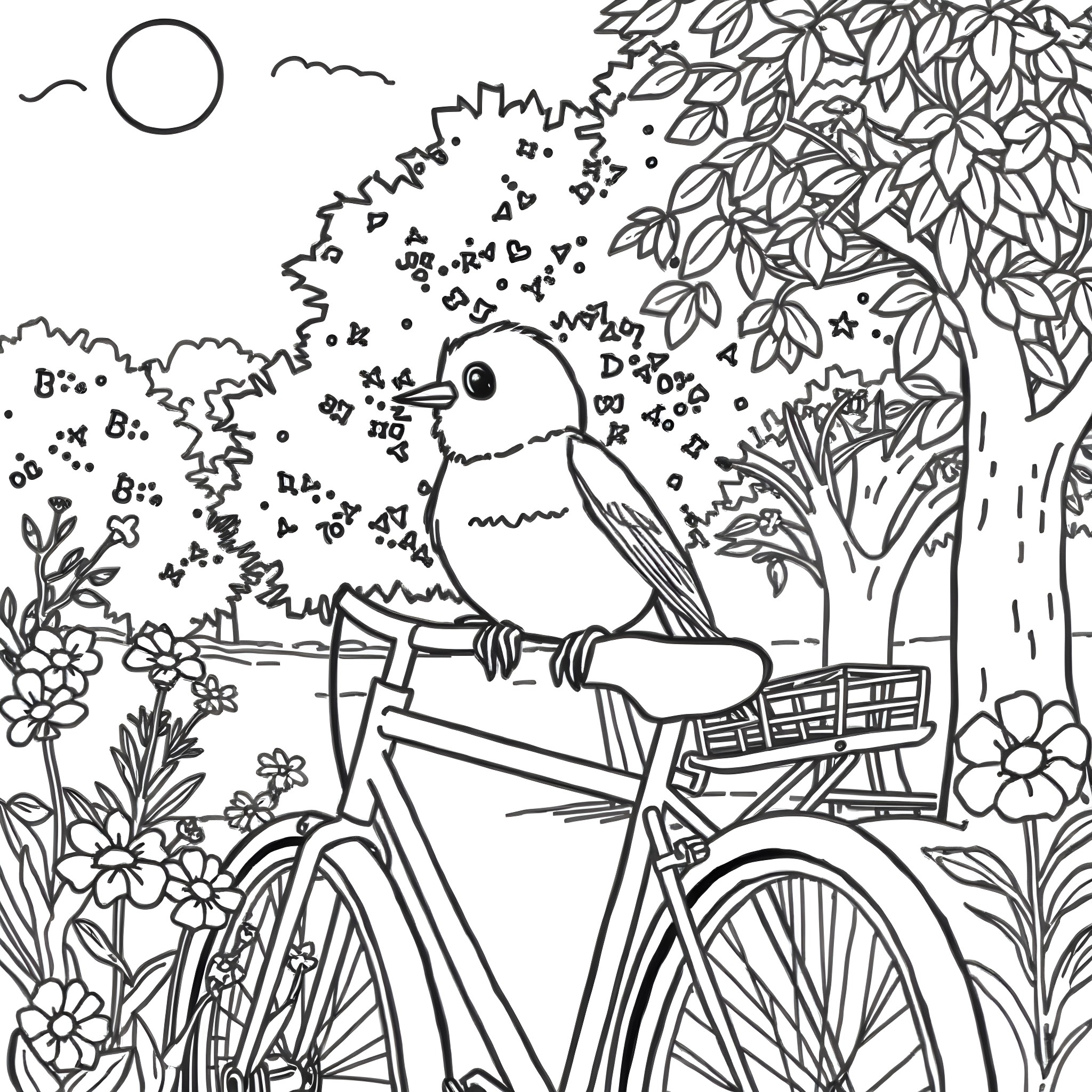 Pink bird perched on bicycle in flowery garden Coloring Page (free black-and-white line drawing printable PDF for all, from beginners to advanced learners, including children, teens, adults, and seniors)