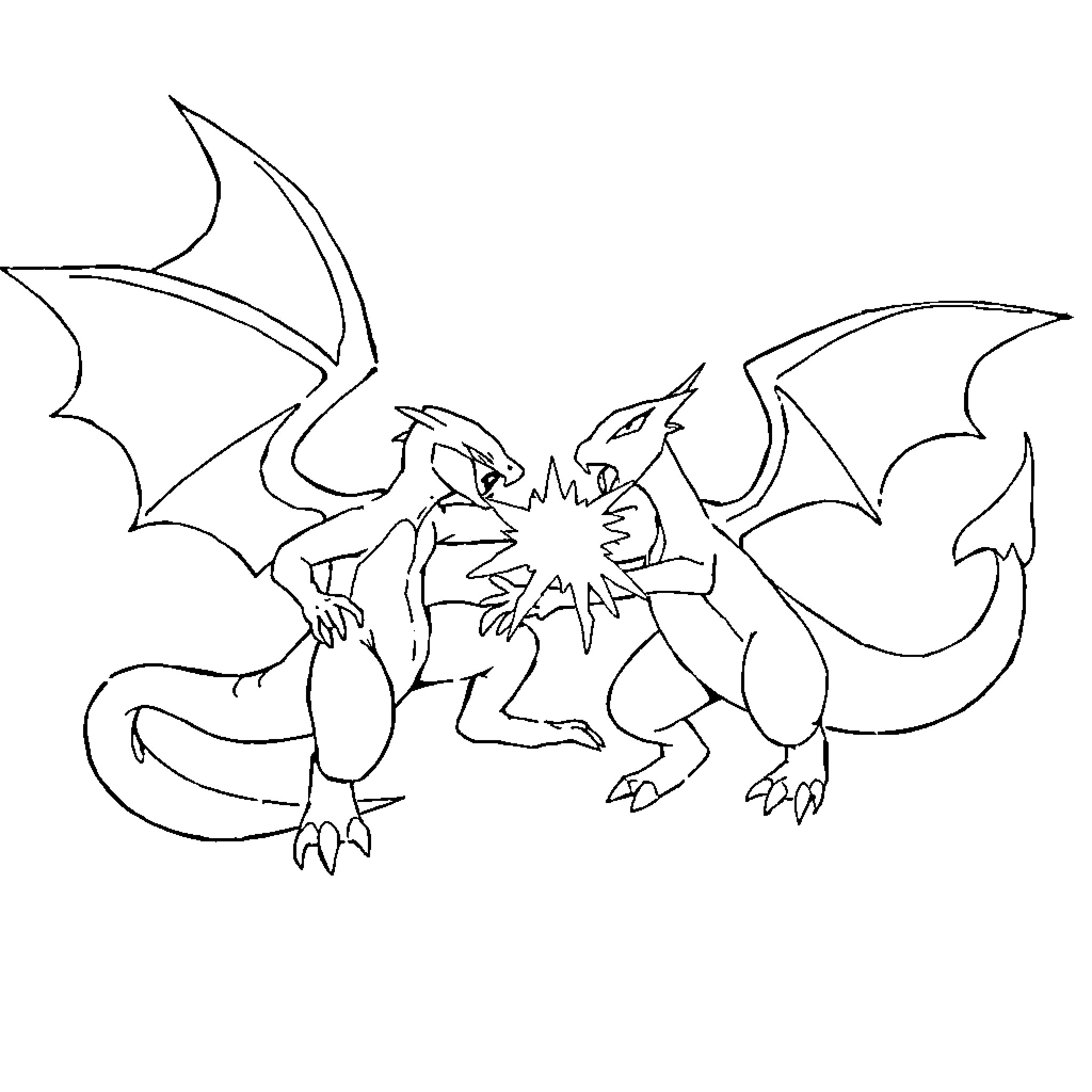 Mewtwo engaged in fierce battle with dragon-like creature Coloring Page (free black-and-white line drawing printable PDF for all, from beginners to advanced learners, including children, teens, adults, and seniors)