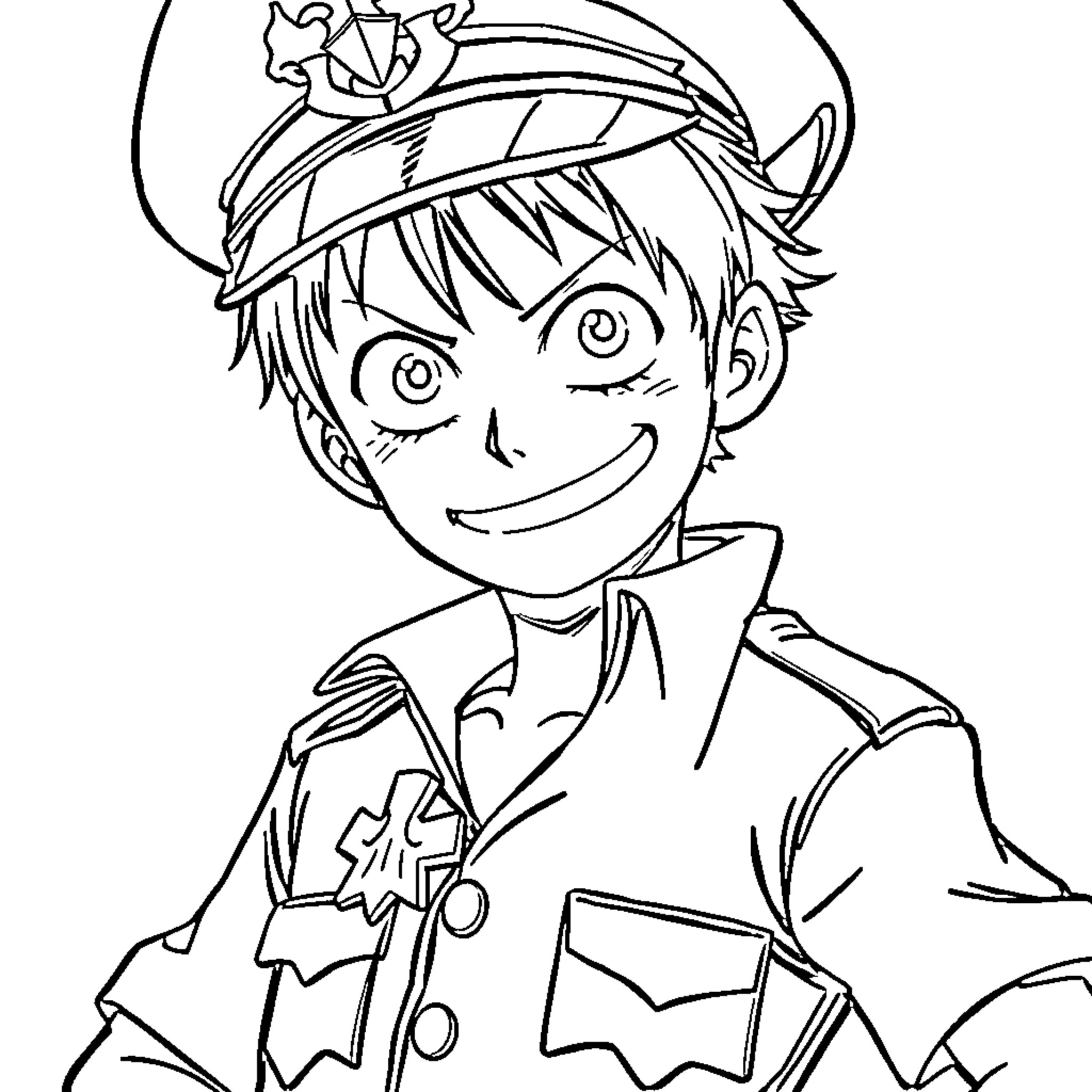 Luffy's Spirited Adventure in Uniform Coloring Page (free black-and-white line drawing printable PDF for all, from beginners to advanced learners, including children, teens, adults, and seniors)