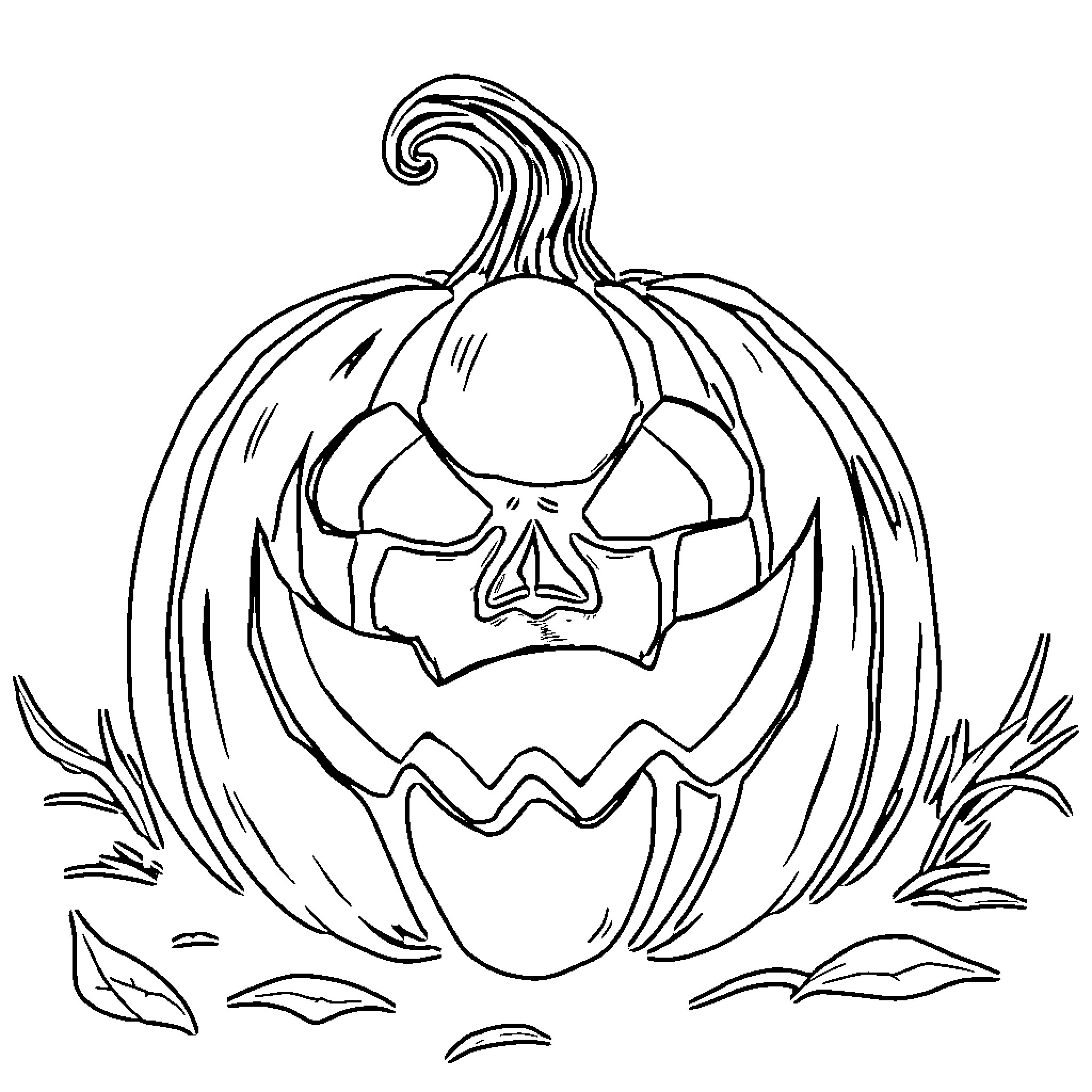 Pumpkin with a spooky expression Coloring Page (free black-and-white line drawing printable PDF for all, from beginners to advanced learners, including children, teens, adults, and seniors)