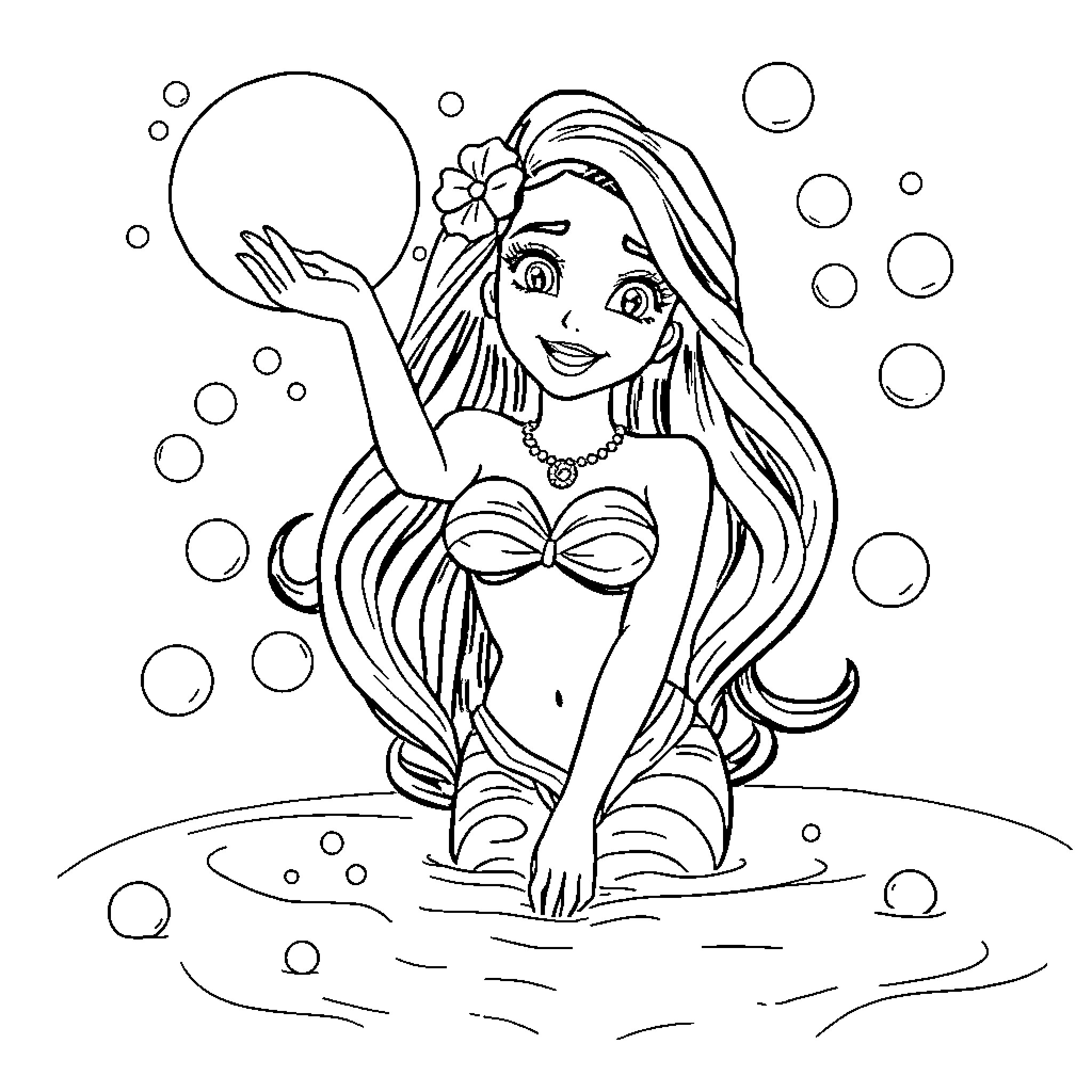 Vaiana playing joyfully in the ocean Coloring Page (free black-and-white line drawing printable PDF for all, from beginners to advanced learners, including children, teens, adults, and seniors)