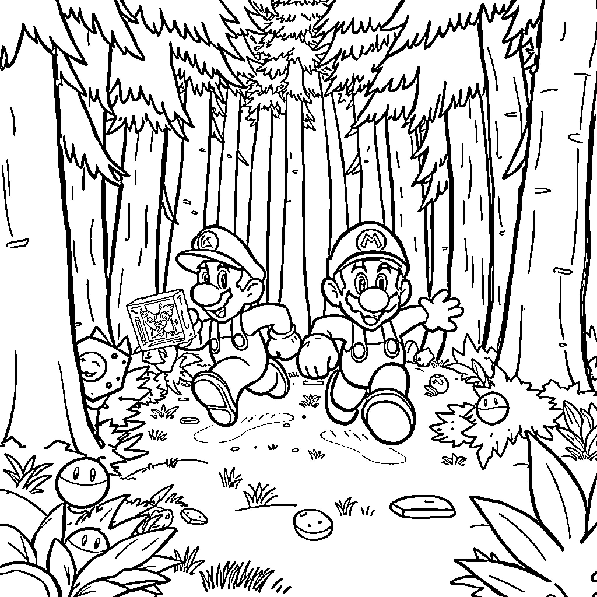 Mario and Luigi Explore the Enchanted Forest Coloring Page (free black-and-white line drawing printable PDF for all, from beginners to advanced learners, including children, teens, adults, and seniors)