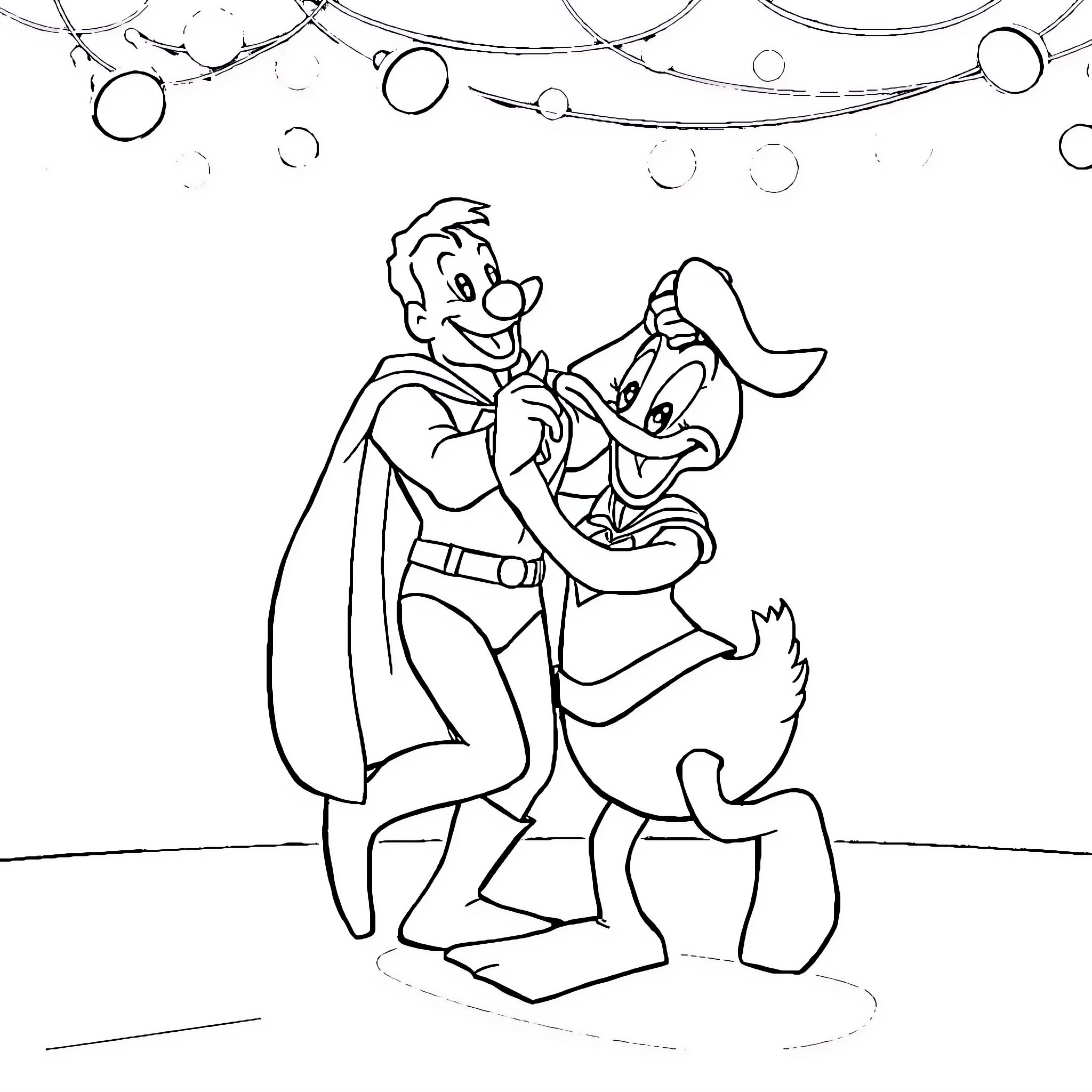 Donald Dances Happily with Daisy Duck Coloring Page (free black-and-white line drawing printable PDF for all, from beginners to advanced learners, including children, teens, adults, and seniors)