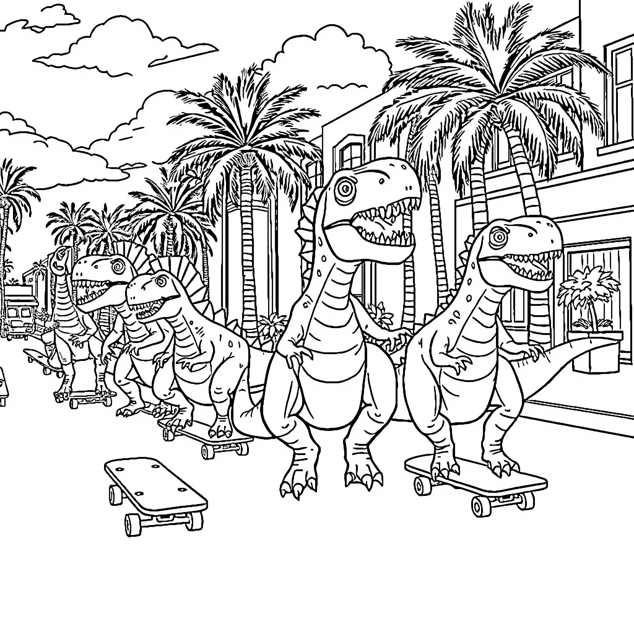 Dinosaurs skateboarding through a tropical city Coloring Page (free black-and-white line drawing printable PDF for all, from beginners to advanced learners, including children, teens, adults, and seniors)