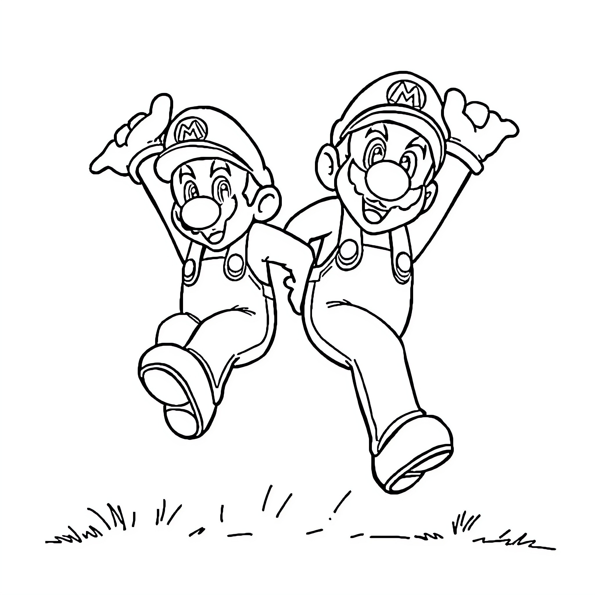 Mario brothers jumping and celebrating Coloring Page (free black-and-white line drawing printable PDF for all, from beginners to advanced learners, including children, teens, adults, and seniors)