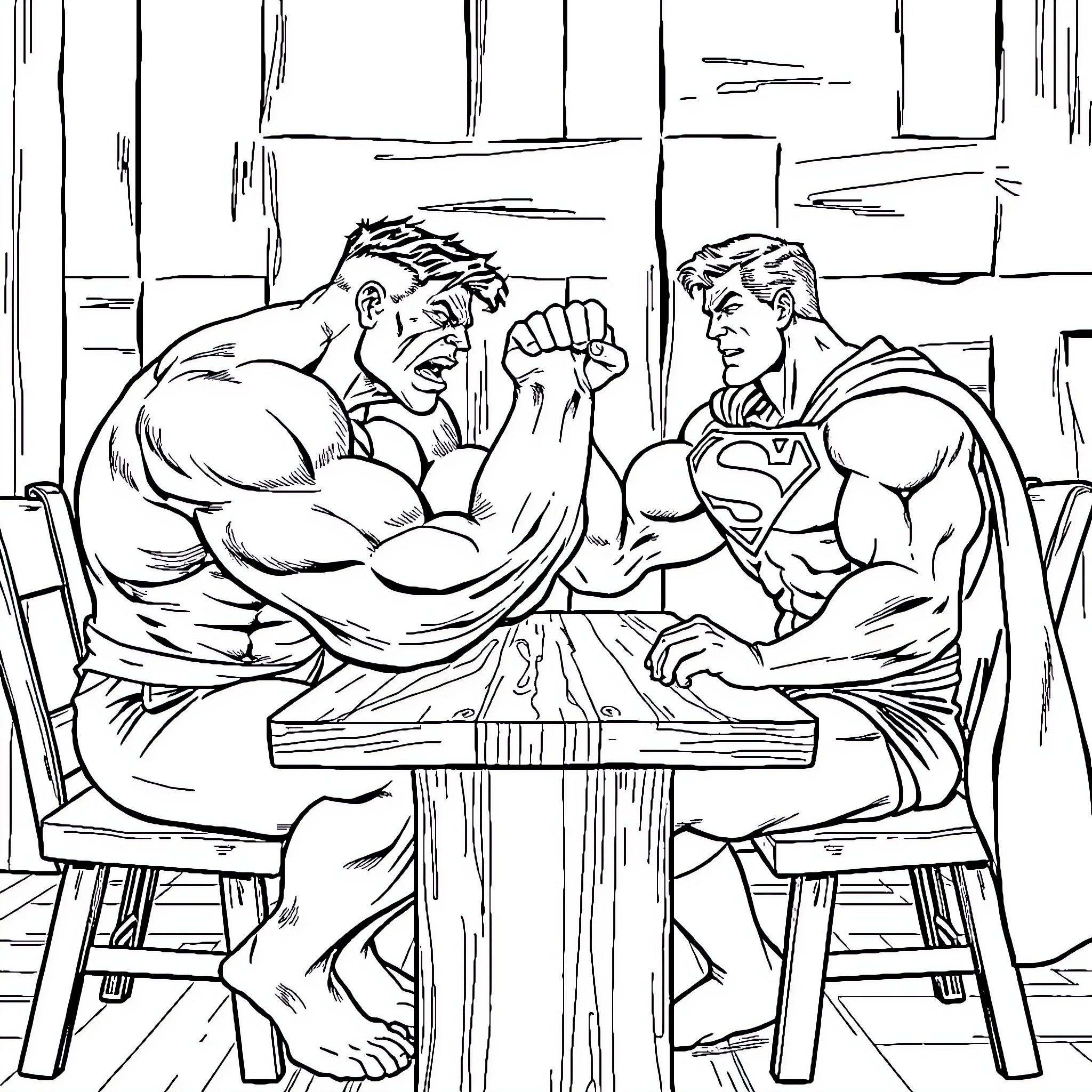 Hulk and Superman arm wrestling in competition Coloring Page (free black-and-white line drawing printable PDF for all, from beginners to advanced learners, including children, teens, adults, and seniors)