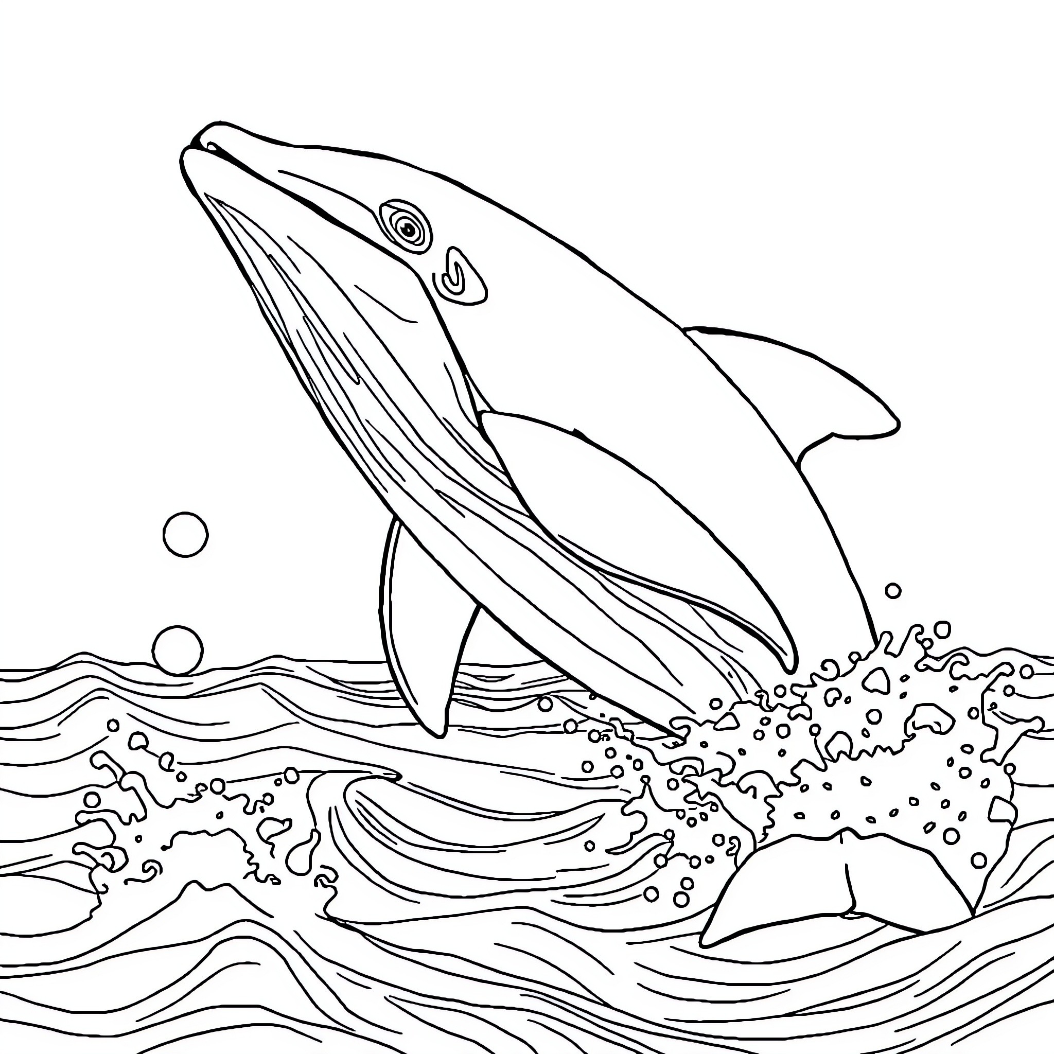 Ballena swimming gracefully through the waves Coloring Page (free black-and-white line drawing printable PDF for all, from beginners to advanced learners, including children, teens, adults, and seniors)