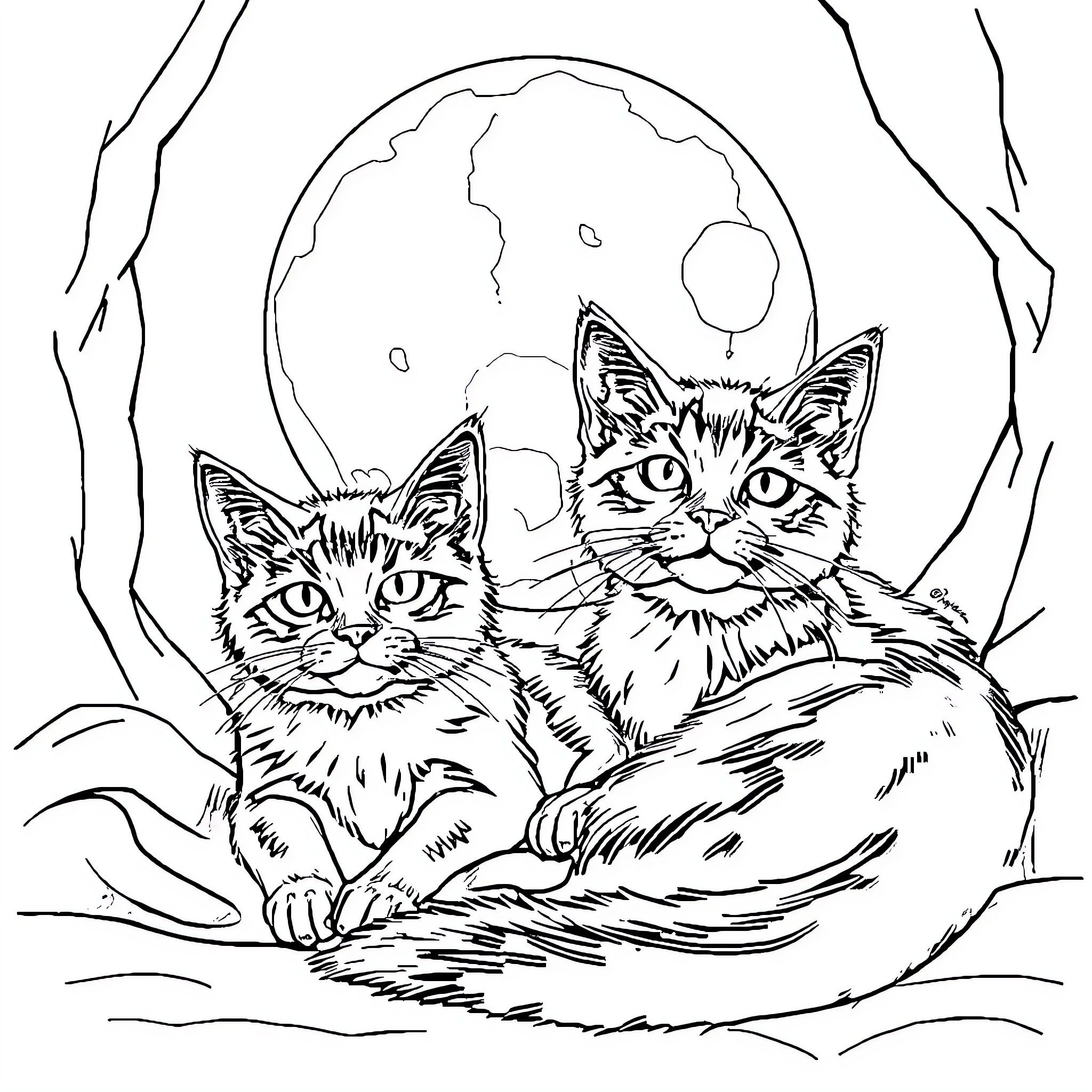 Cats in a moonlit scene Coloring Page (free black-and-white line drawing printable PDF for all, from beginners to advanced learners, including children, teens, adults, and seniors)