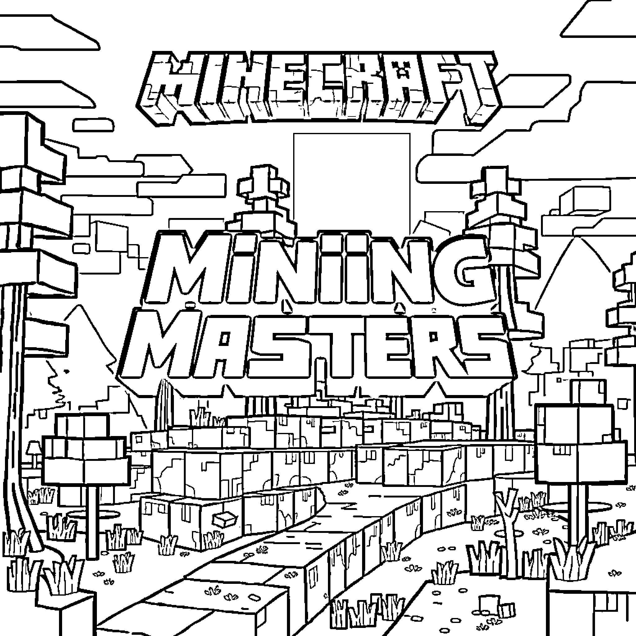 Minecraft Mining Masters Coloring Page (free black-and-white line drawing printable PDF for all, from beginners to advanced learners, including children, teens, adults, and seniors)