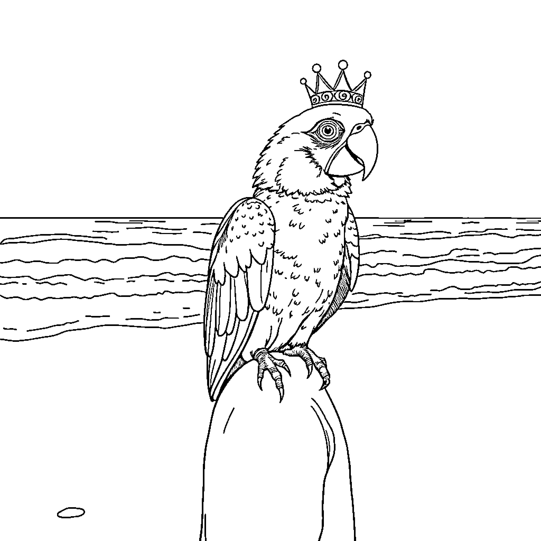 Parrot wearing a crown in a natural setting Coloring Page (free black-and-white line drawing printable PDF for all, from beginners to advanced learners, including children, teens, adults, and seniors)