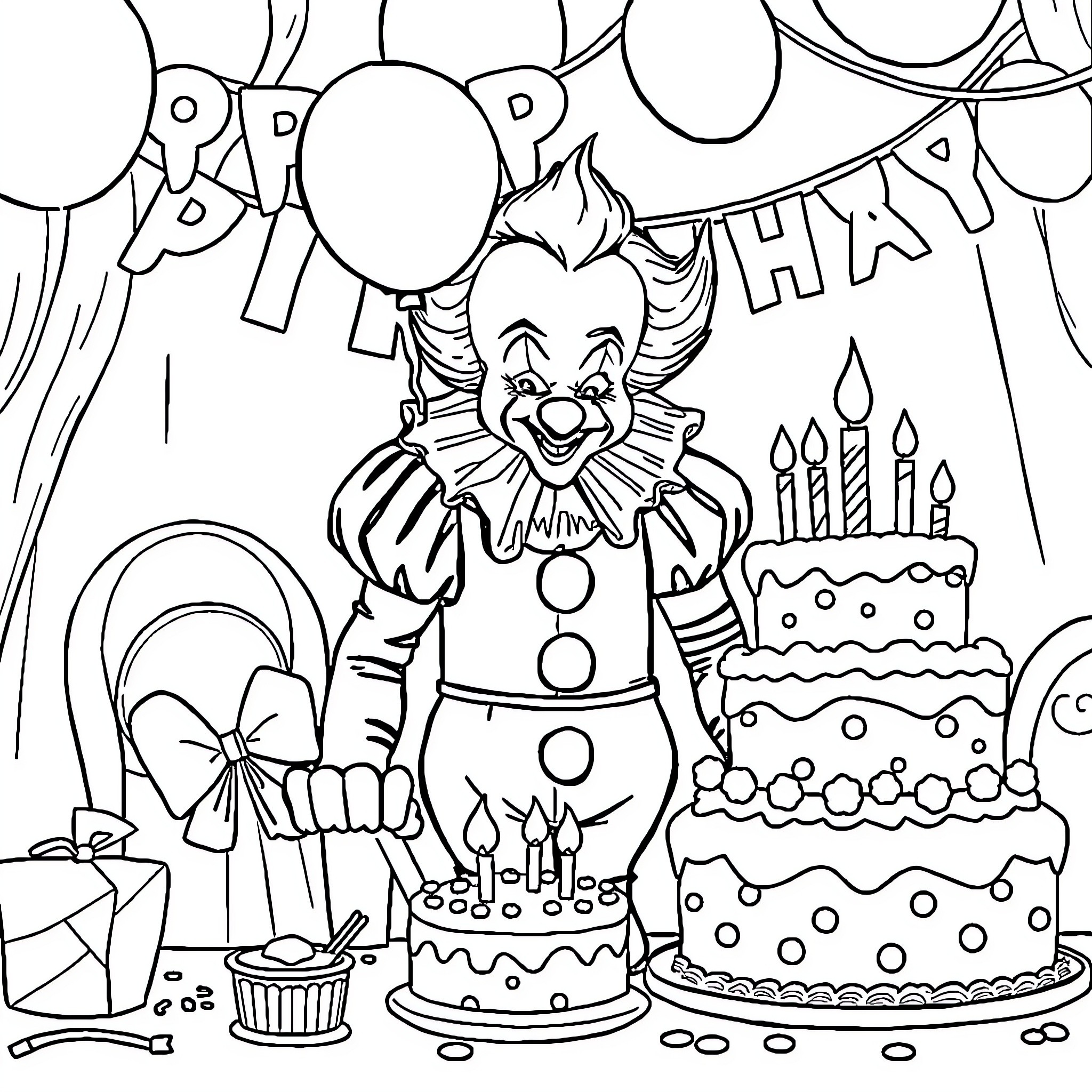 Pennywise the Clown's Birthday Party Coloring Page (free black-and-white line drawing printable PDF for all, from beginners to advanced learners, including children, teens, adults, and seniors)