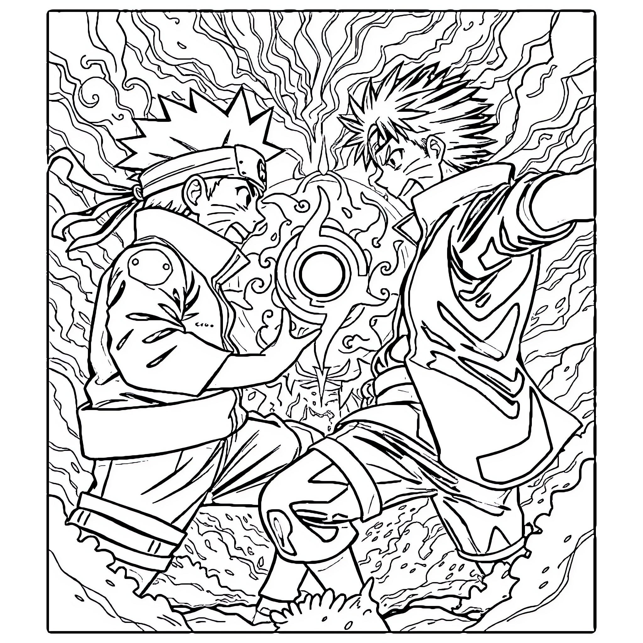 Naruto and Sasuke Clash in Intense Battle Coloring Page (free black-and-white line drawing printable PDF for all, from beginners to advanced learners, including children, teens, adults, and seniors)