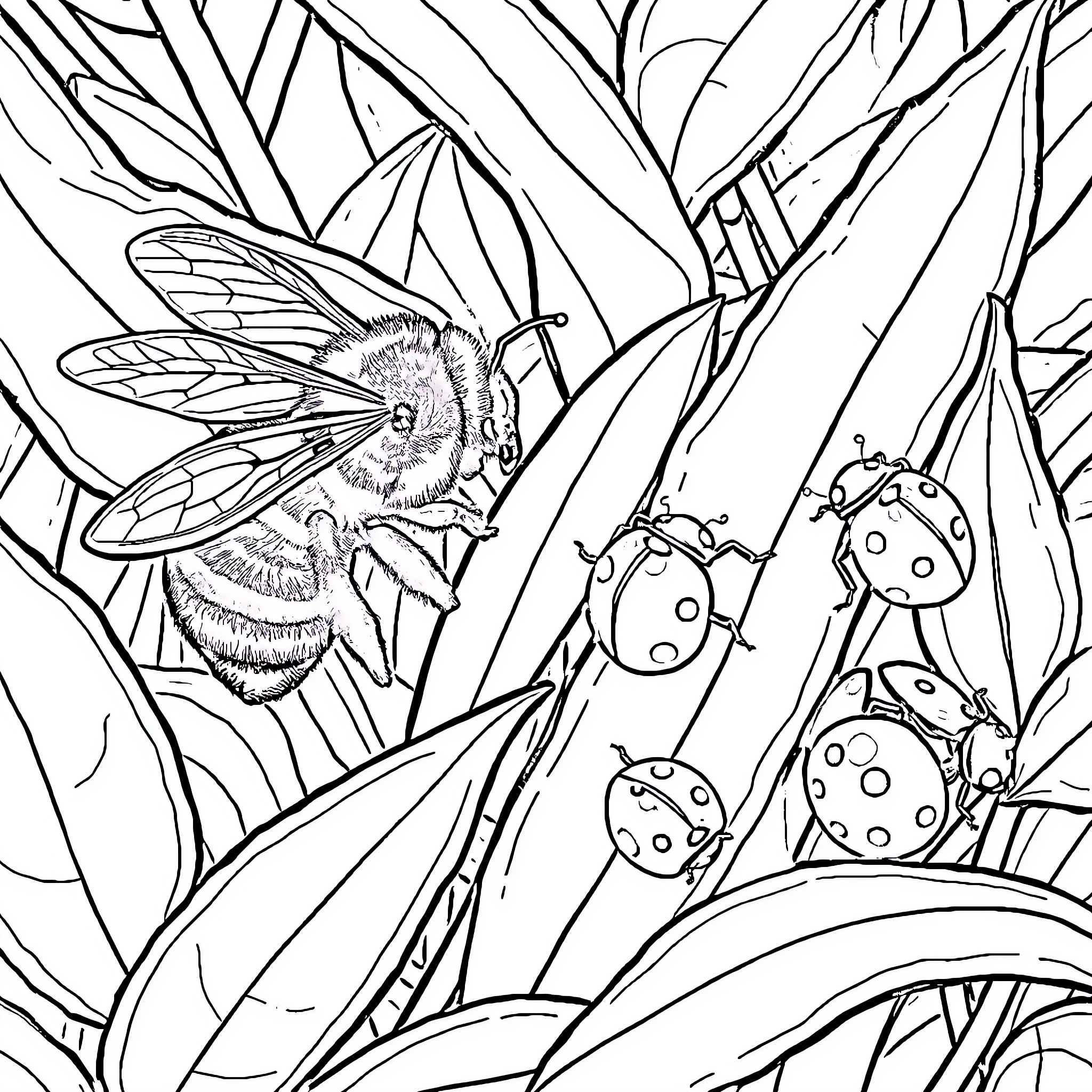 Bee collecting nectar among ladybugs and foliage Coloring Page (free black-and-white line drawing printable PDF for all, from beginners to advanced learners, including children, teens, adults, and seniors)