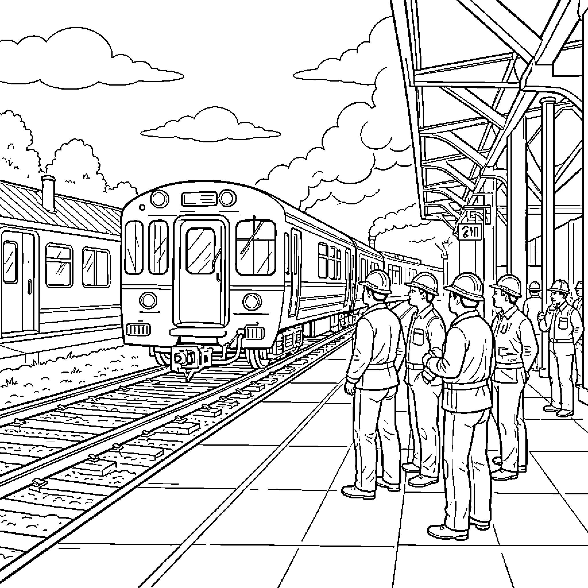 Worker standing on platform observing a train arrival Coloring Page (free black-and-white line drawing printable PDF for all, from beginners to advanced learners, including children, teens, adults, and seniors)