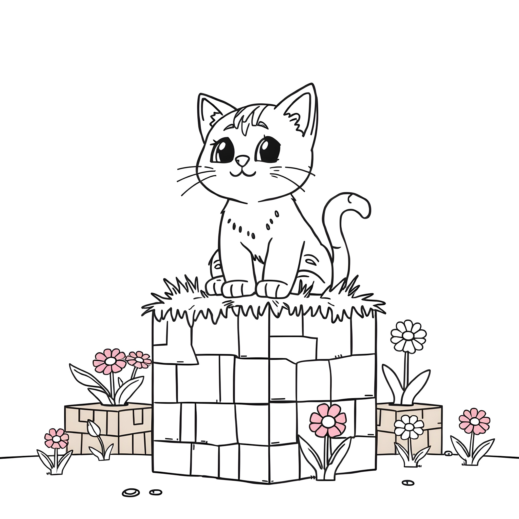 Cat sitting on a flower-filled garden box Coloring Page (free black-and-white line drawing printable PDF for all, from beginners to advanced learners, including children, teens, adults, and seniors)