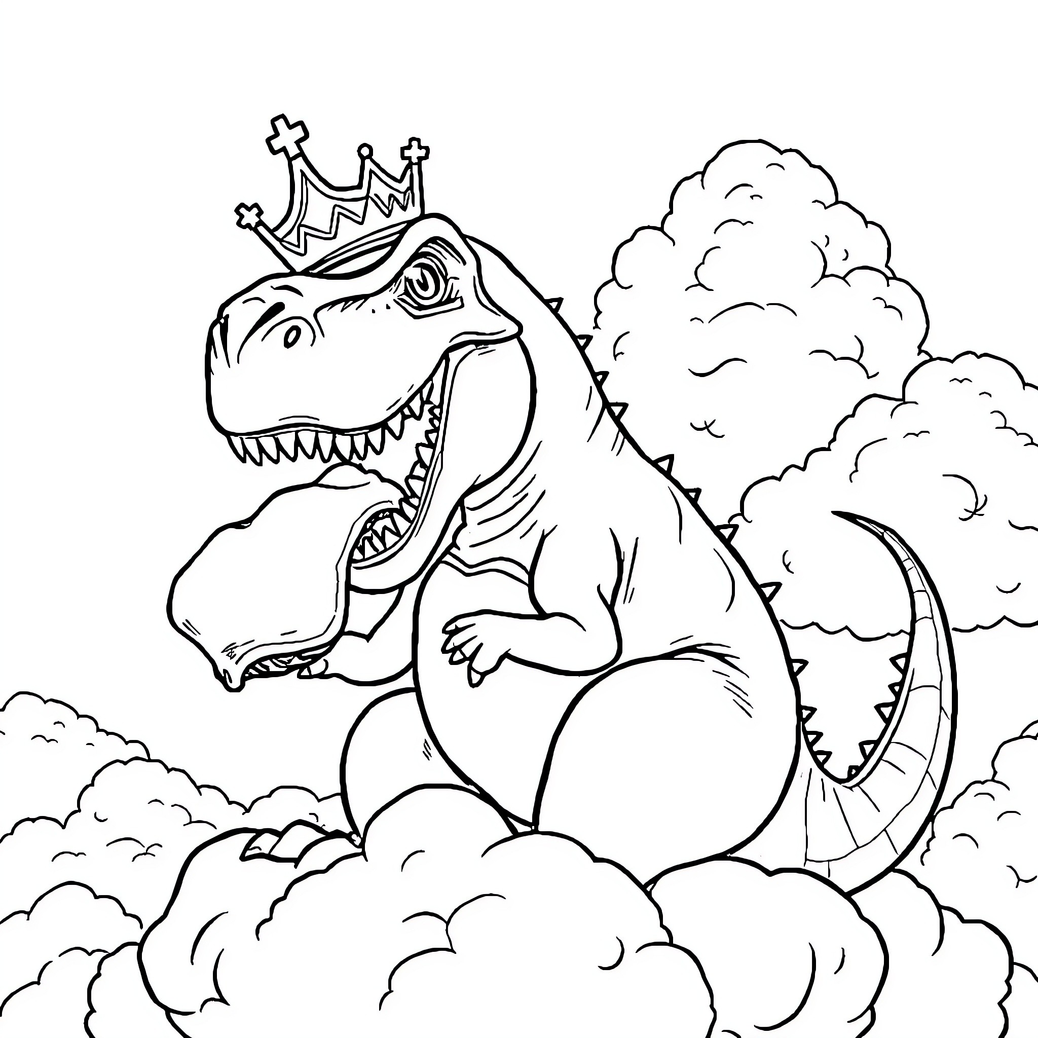 T-Rex wearing a crown and sitting on clouds Coloring Page (free black-and-white line drawing printable PDF for all, from beginners to advanced learners, including children, teens, adults, and seniors)